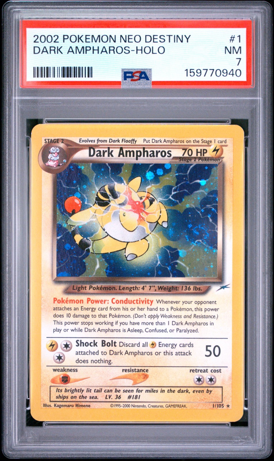 🌀🌀SWIRL🌀🌀2002 Pokémon Neo Destiny Dark Ampharos #1/105 Holo PSA 7 NM WOTC 🌀🌀SWIRL🌀🌀2002 Pokémon Neo Destiny Dark Ampharos #1/105 Holo PSA 7 NM WOTC