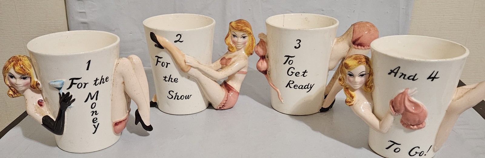 Set of 4 VTG 50's Burlesque Party Girl Ceramic Mugs 8636 Set of 4 VTG 50's Burlesque Party Girl Ceramic Mugs 8636