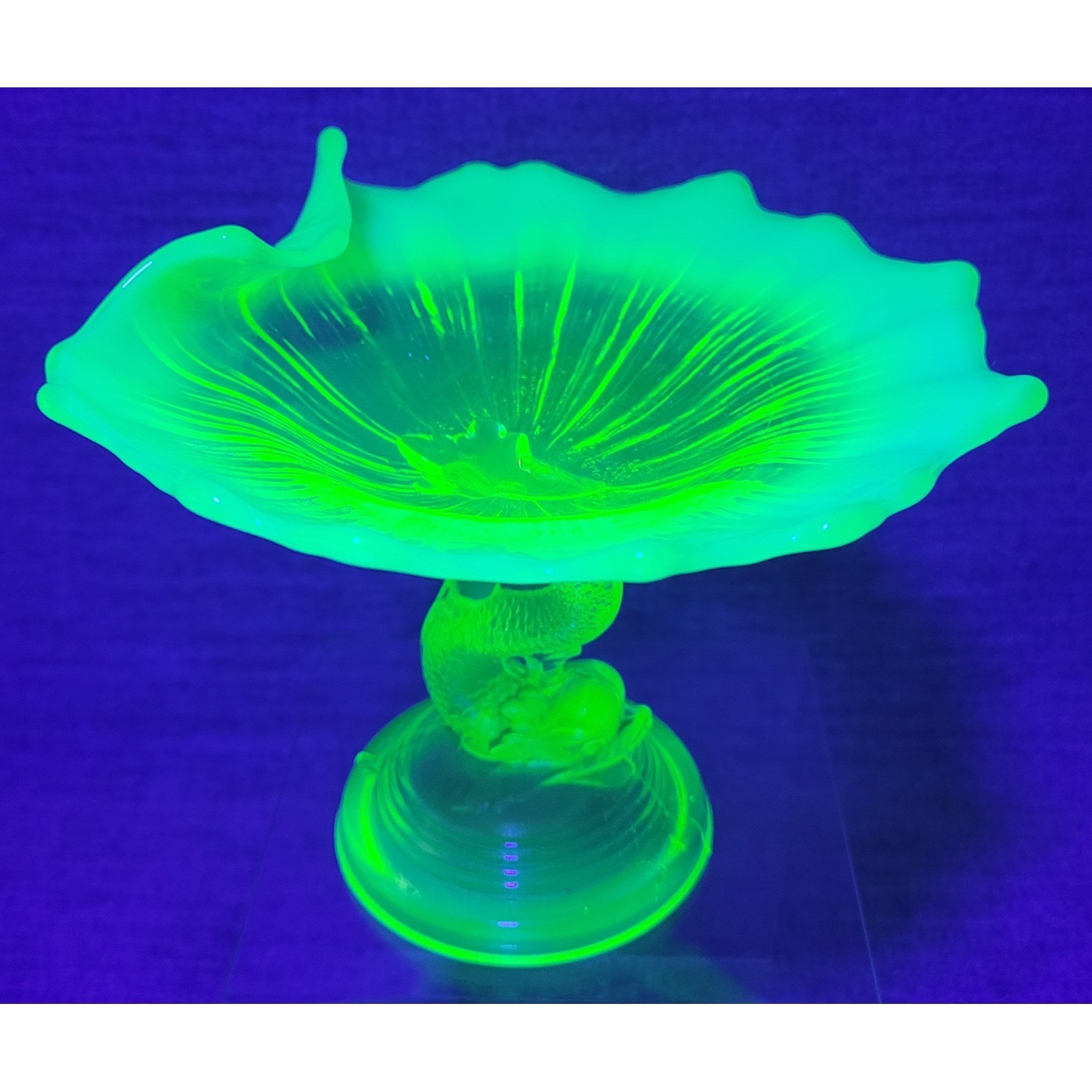 Vintage Vaseline Uranium Glass Dolphin Koi Fish Compote Ruffled Opalescent Dish Vintage Vaseline Uranium Glass Dolphin Koi Fish Compote Ruffled Opalescent Dish