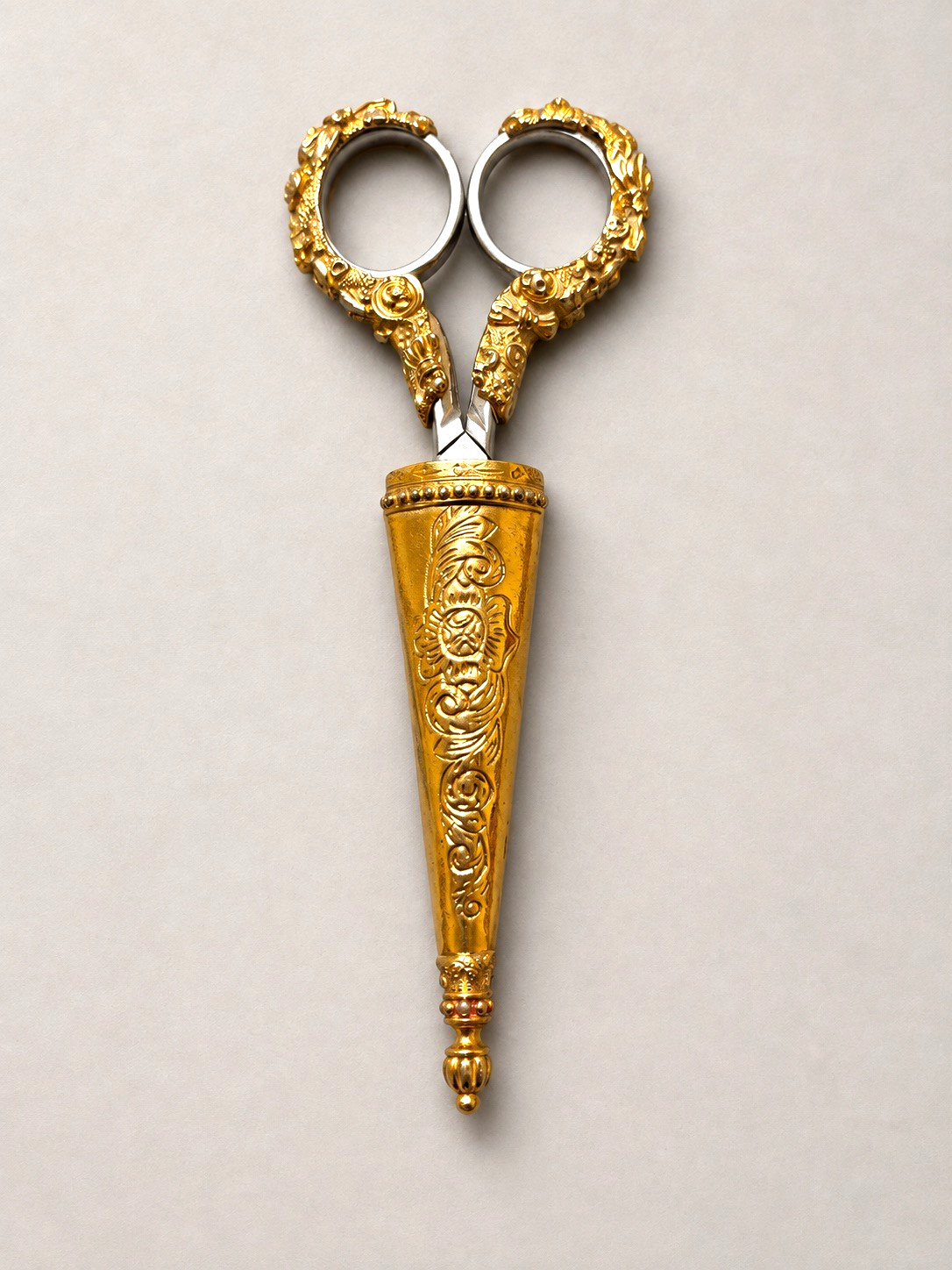 Vintage 1928 Brand Gold Tone Floral Ornate Scissors in Sheath Rose Accent 6"