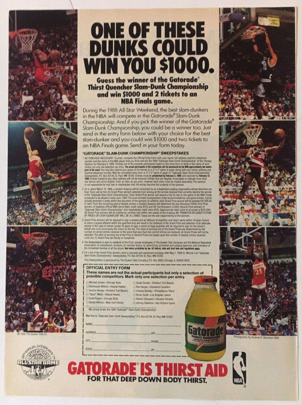 Gatorade Slam Dunk Michael Jordan Spud Webb 1988 Vintage Print Ad 8x11 Inches