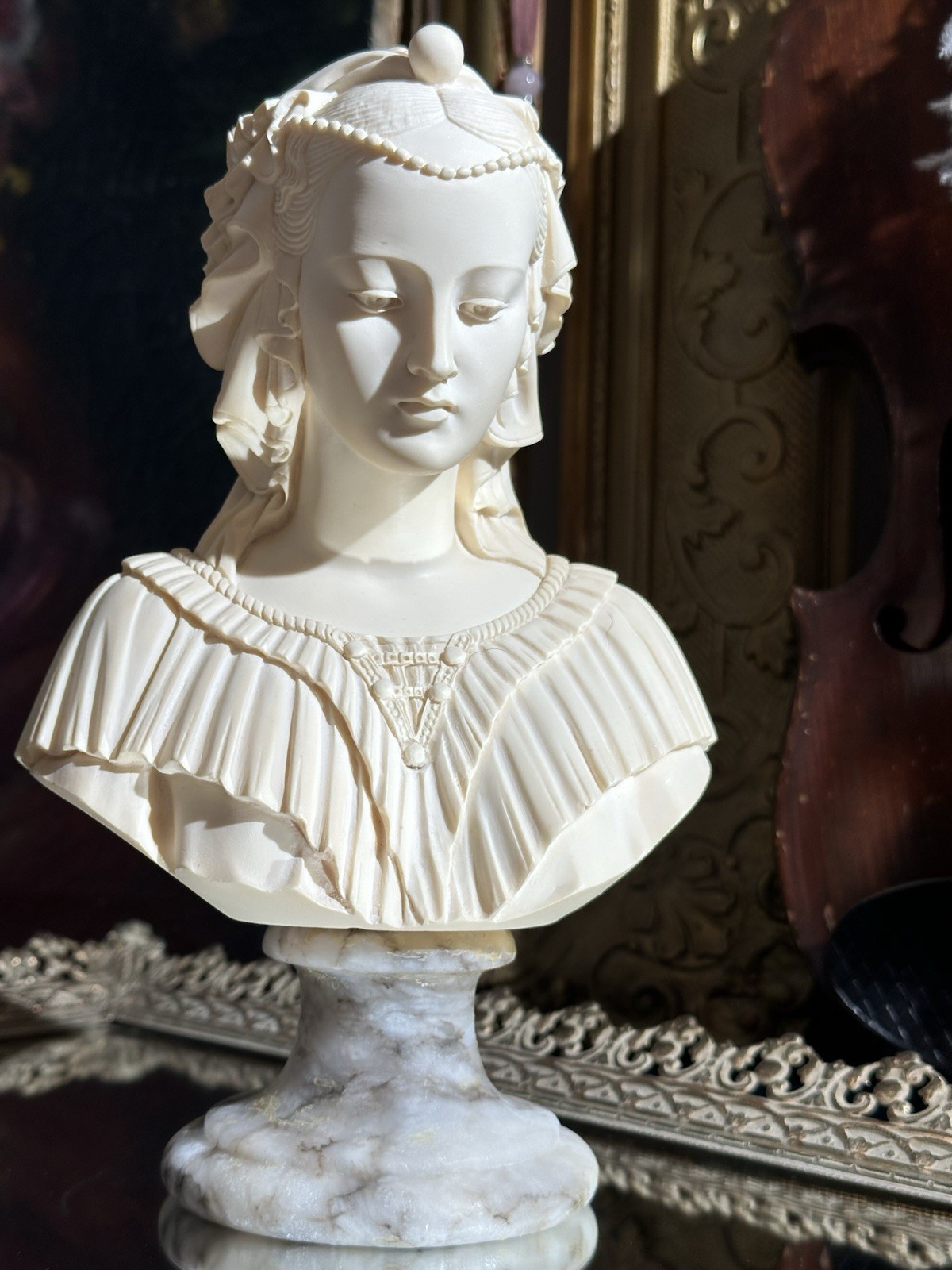 Vintage Ivory Alabaster Bust of Anjelica Maria By A. Giannelli, 9” Marble Base Vintage Ivory Alabaster Bust of Anjelica Maria By A. Giannelli, 9” Marble Base