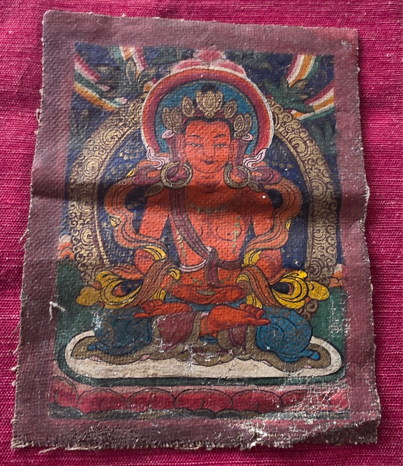 tibetan buddhist thanka, thangka painting, hand painted on cloth ~5x6"