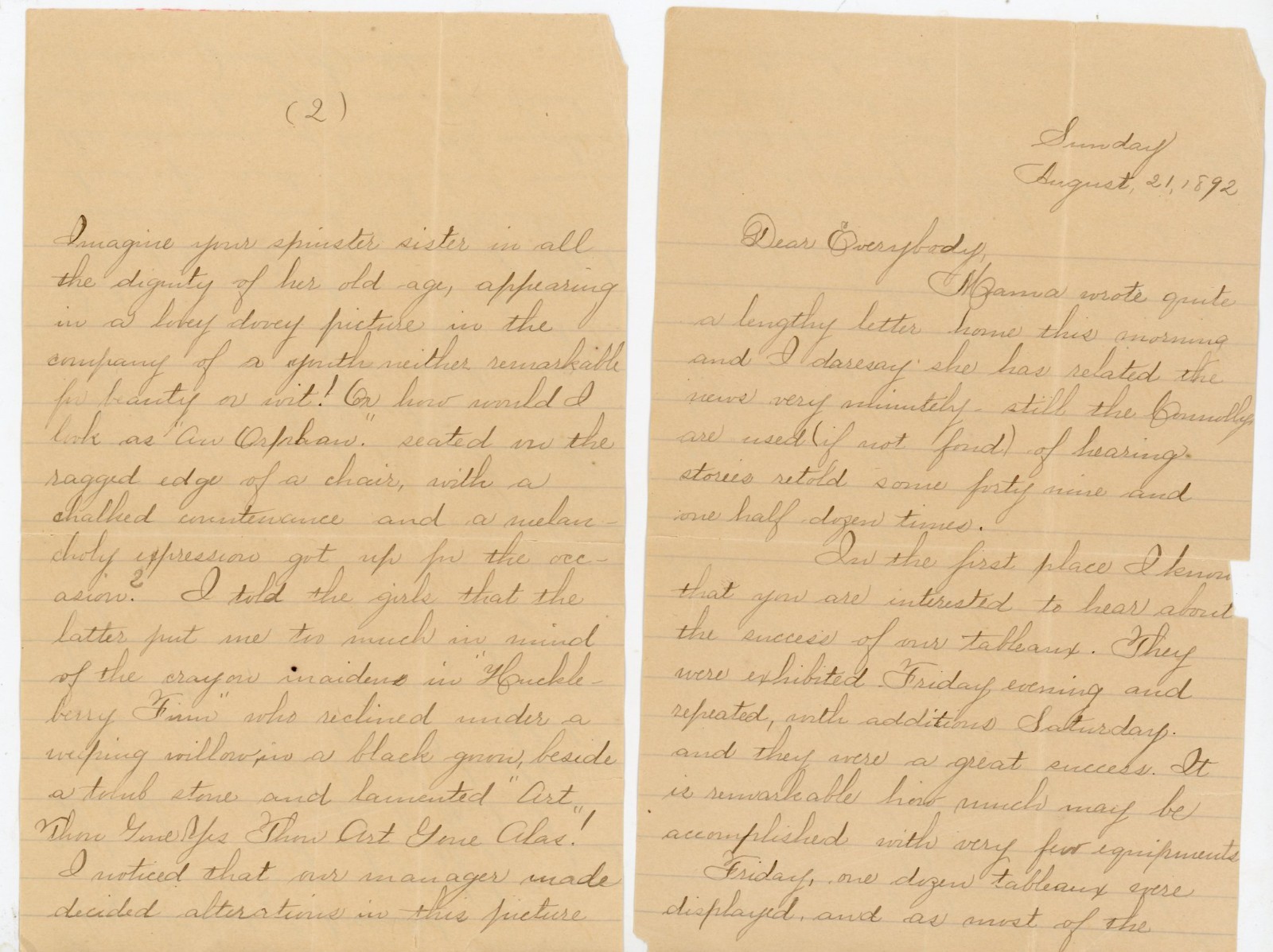 1892 Antique Letter Huckleberry Finn Mark Twain Mention Tableau Theater A 1892 Antique Letter Huckleberry Finn Mark Twain Mention Tableau Theater A