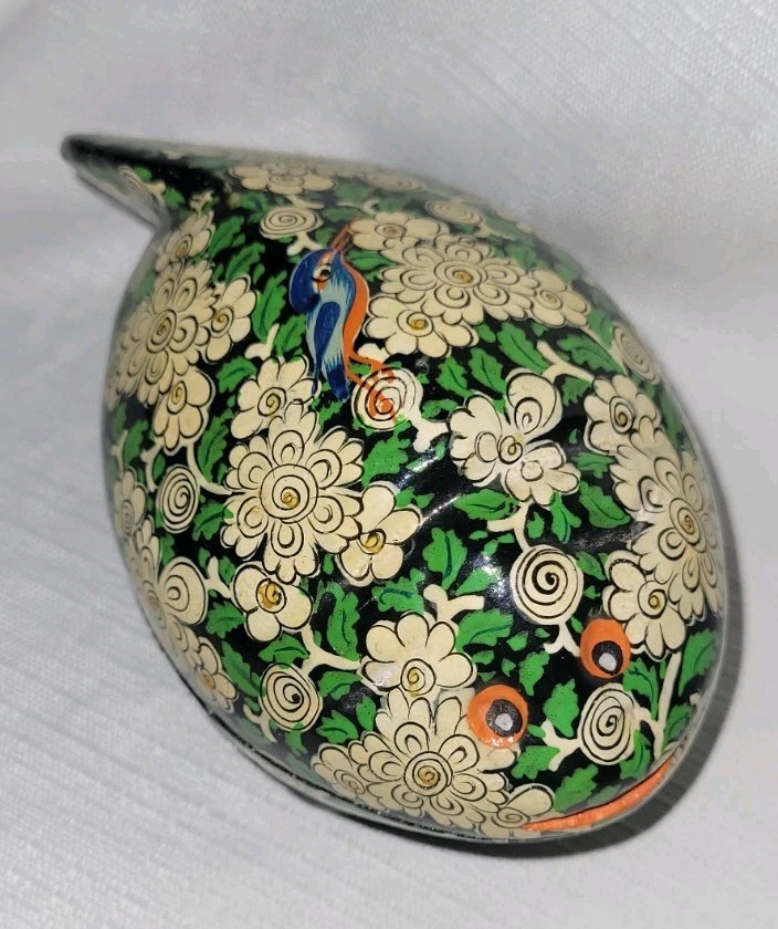 Vtg Hand Painted Laquered Floral Wooden Fish Trinket Box With Bird Vtg Hand Painted Laquered Floral Wooden Fish Trinket Box With Bird
