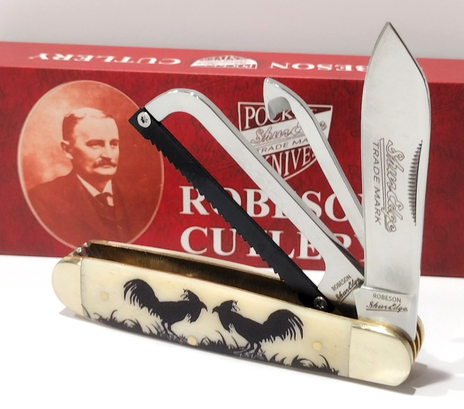 Robeson Gamecock Rooster White Bone Folding Knife w/ Saw Hoof Pick Camping Tool Robeson Gamecock Rooster White Bone Folding Knife w/ Saw Hoof Pick Camping Tool