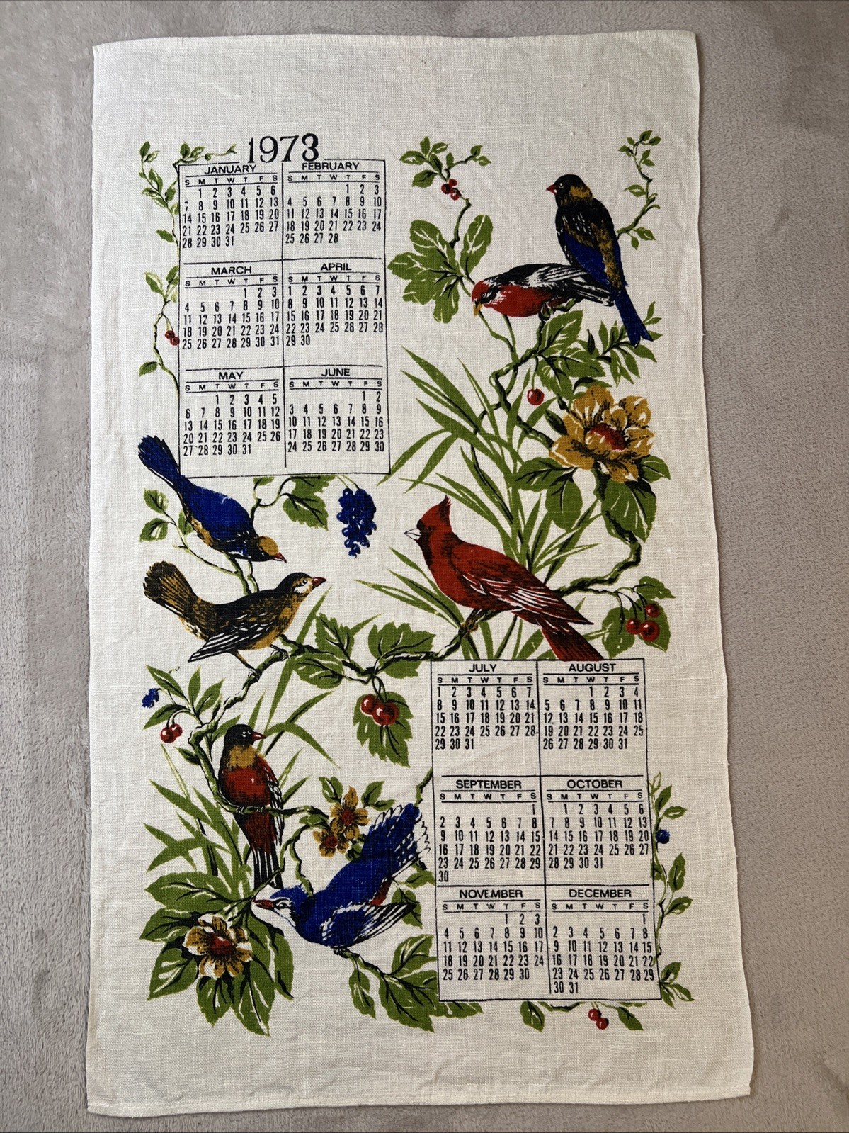 Vintage 1973 Fallani & Cohn Tea Towel Linen Calendar Tea Towel Birds Vintage 1973 Fallani & Cohn Tea Towel Linen Calendar Tea Towel Birds