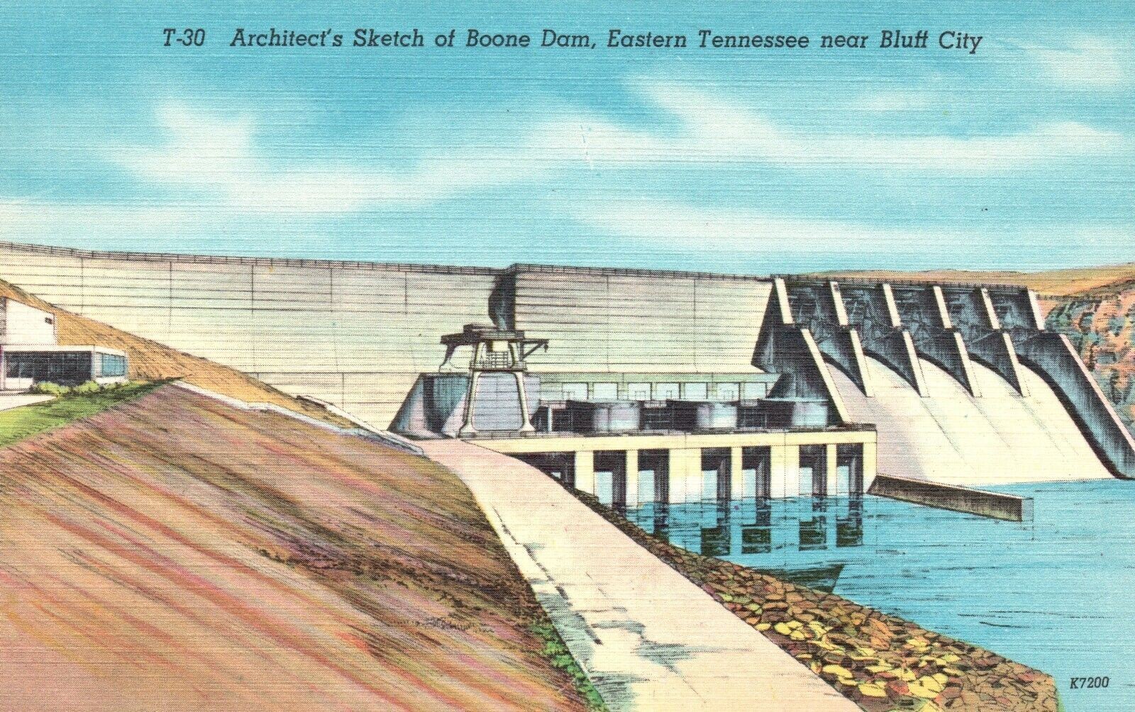 Architect's Sketch of Boone Dam Eastern Tennessee Bluff Vintage Postcard 1930's Architect's Sketch of Boone Dam Eastern Tennessee Bluff Vintage Postcard 1930's