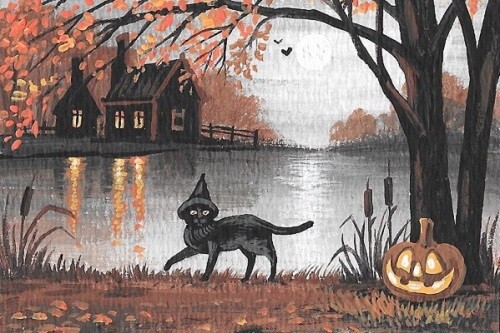 LE 4X6 HALLOWEEN POSTCARD 8/200 RYTA BLACK CAT RYTA VINTAGE STYLE ART LAKE FALL