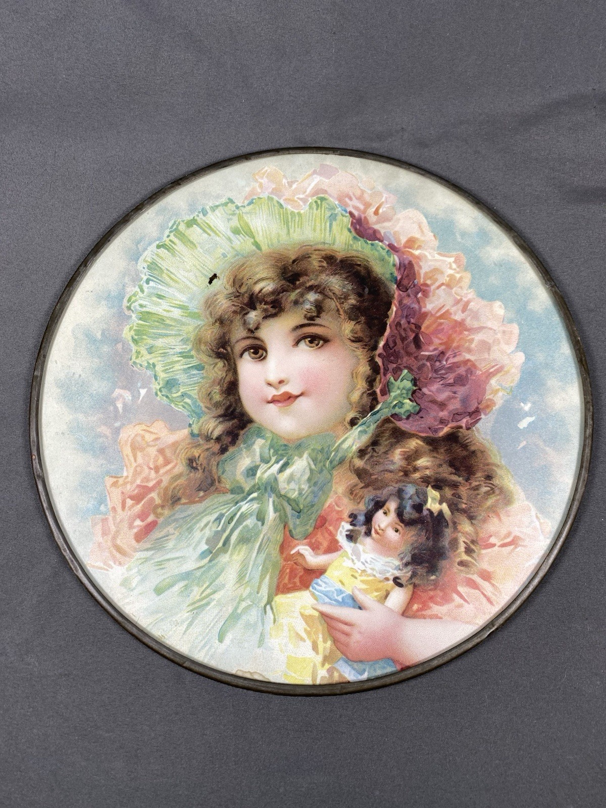 Antique Victorian Large 11” Chimney Flue Cover Young Girl With Bonnet & Doll