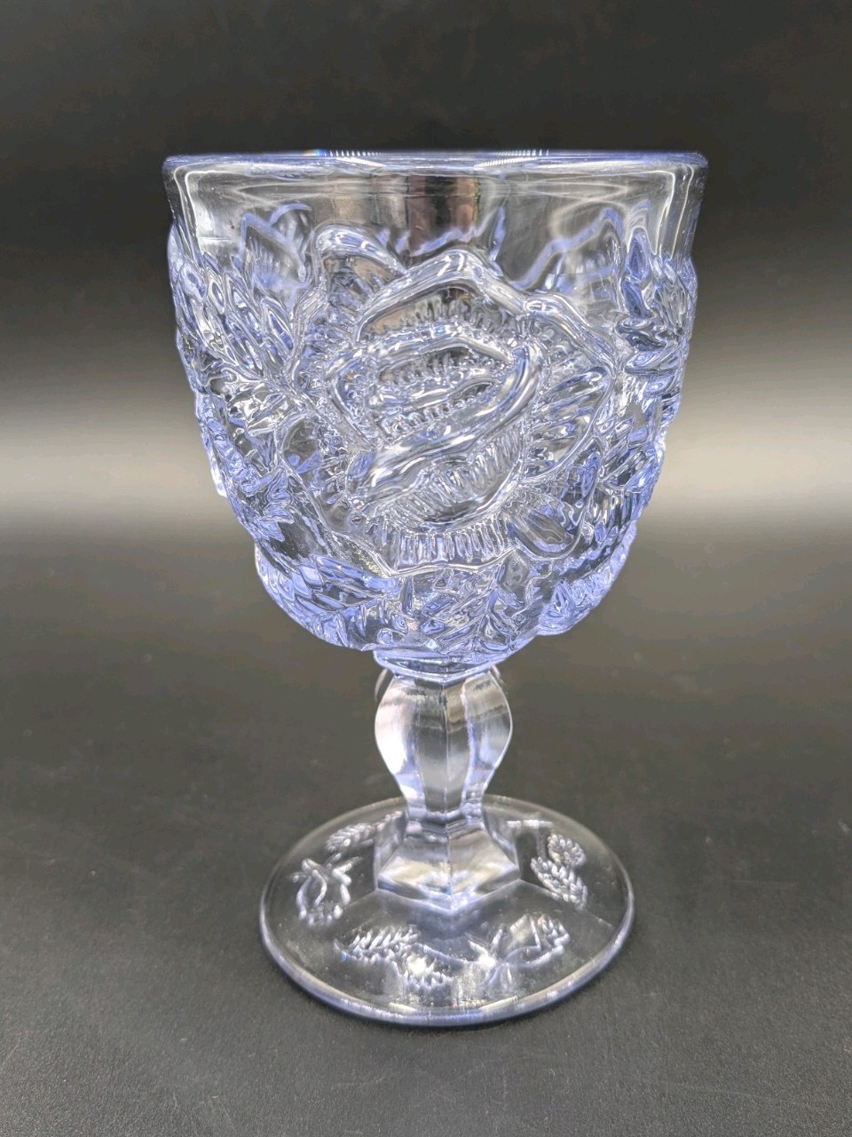 Madonna Inn Lavender/Amethyst Glass Goblet Rose Pattern, Vintage
