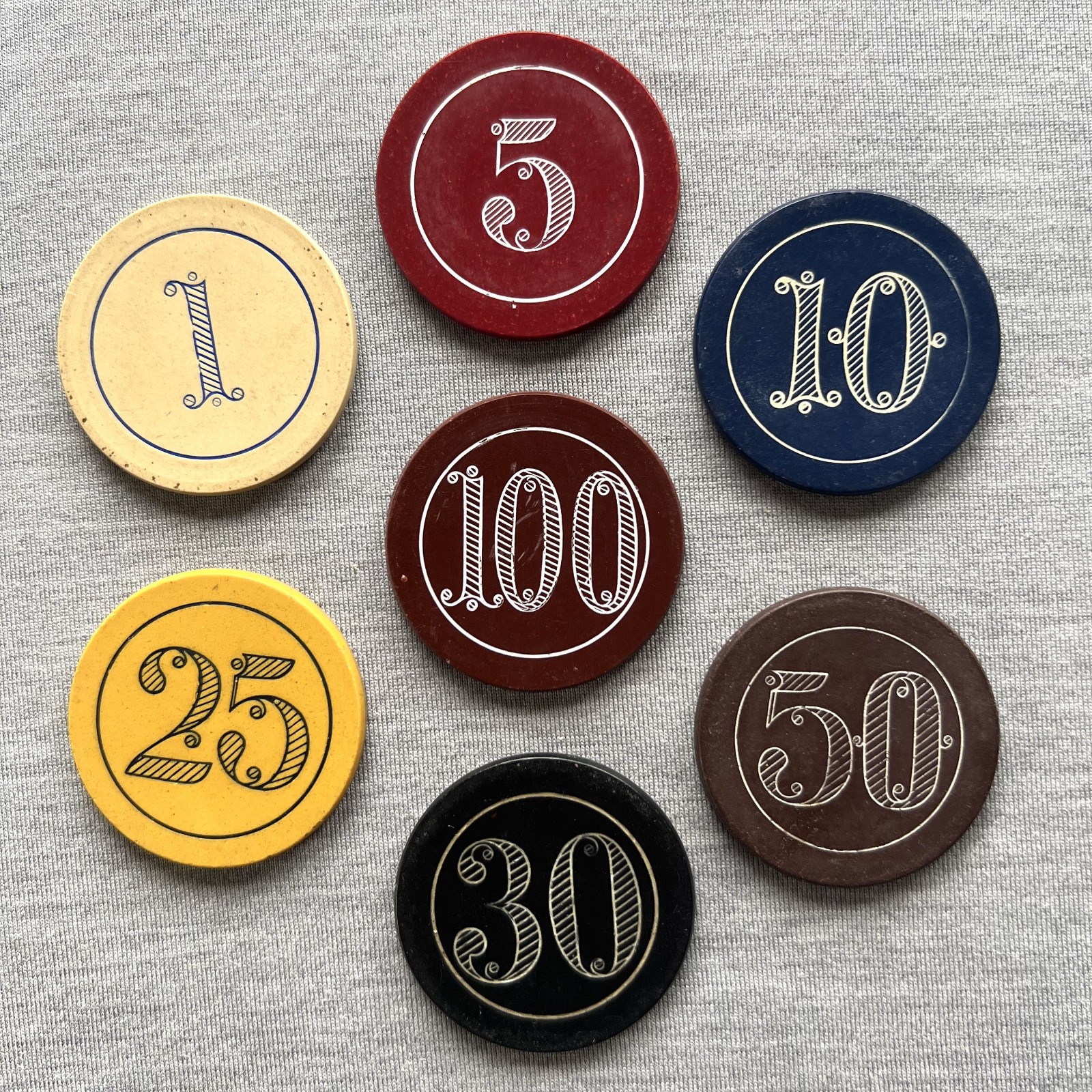 Vintage 1880s Design Antique Clay Poker Chips Engraved w/Numerals: 7 Different