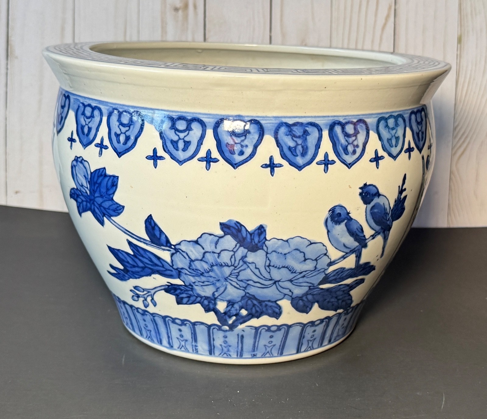 Vintage Chinese Blue White Chinoiserie Porcelain Fishbowl Planter 10 inch wide