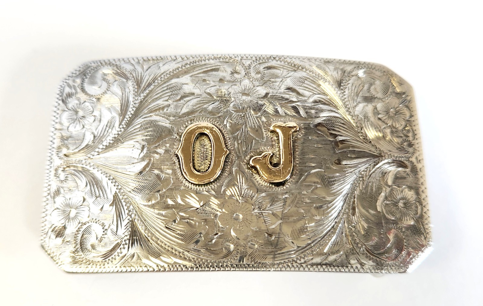 Vintage Sterling 10K Gold Sunset Trails OJ Initials Western Belt Buckle Etched Vintage Sterling 10K Gold Sunset Trails OJ Initials Western Belt Buckle Etched