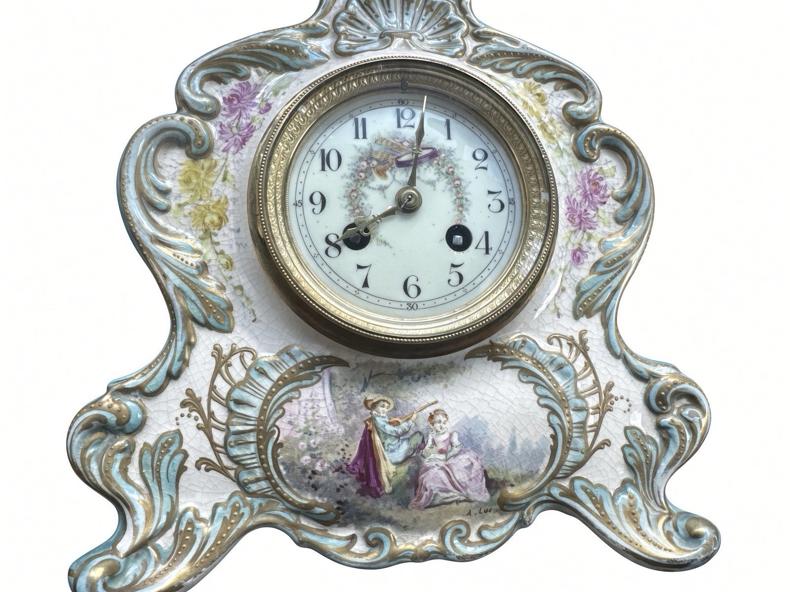 Antique French Porcelain Rococo Mantel Clock, Samuel Marti, W/KEY AS-IS UNTESTED