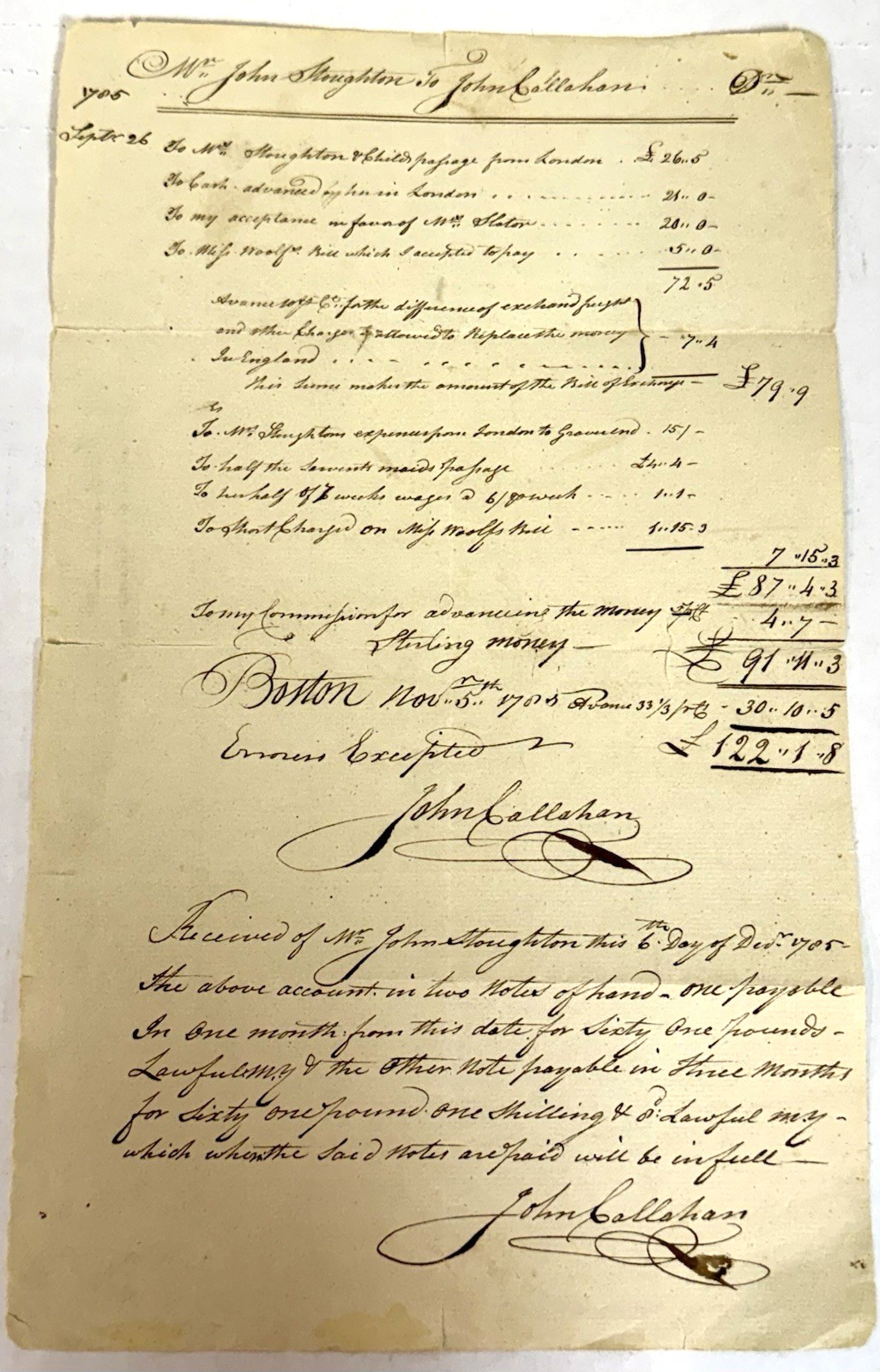 BOSTON 1785 FINANCIAL ACCT & PROMISSORY RECEIPT JOHN CALLAHAN & JOHN STOUGHTON BOSTON 1785 FINANCIAL ACCT & PROMISSORY RECEIPT JOHN CALLAHAN & JOHN STOUGHTON