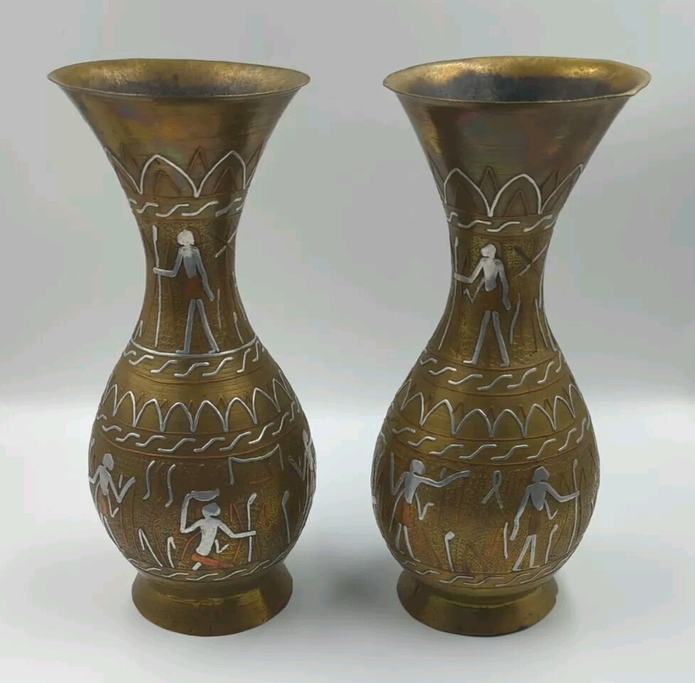 Vintage Cairoware Brass With Copper And Silver Inlaid Vases Set Of 2 Vintage Cairoware Brass With Copper And Silver Inlaid Vases Set Of 2