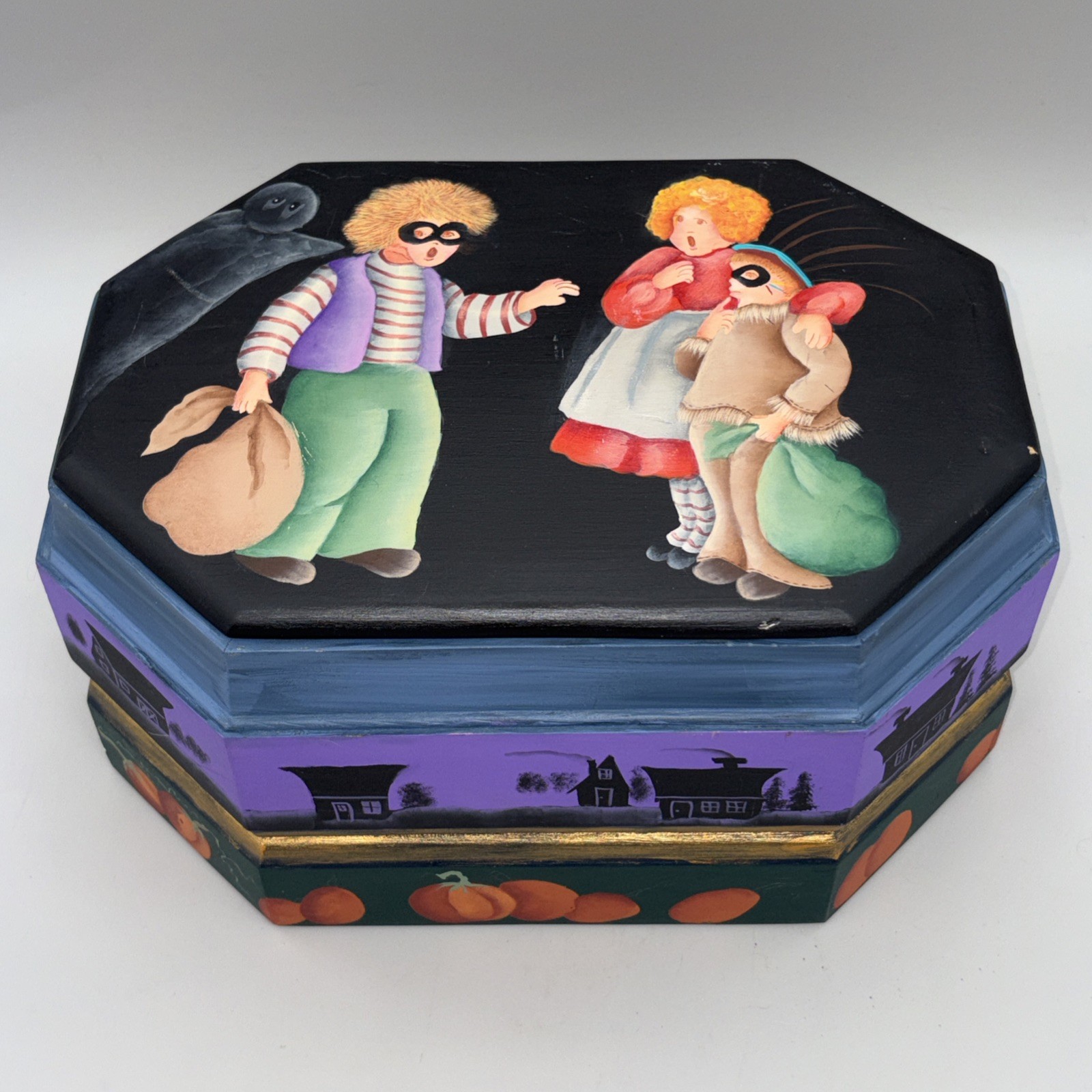 Vintage Hand Painted Halloween Wooden Box Folk Art Tole Pumpkin Witch Octagon Vintage Hand Painted Halloween Wooden Box Folk Art Tole Pumpkin Witch Octagon