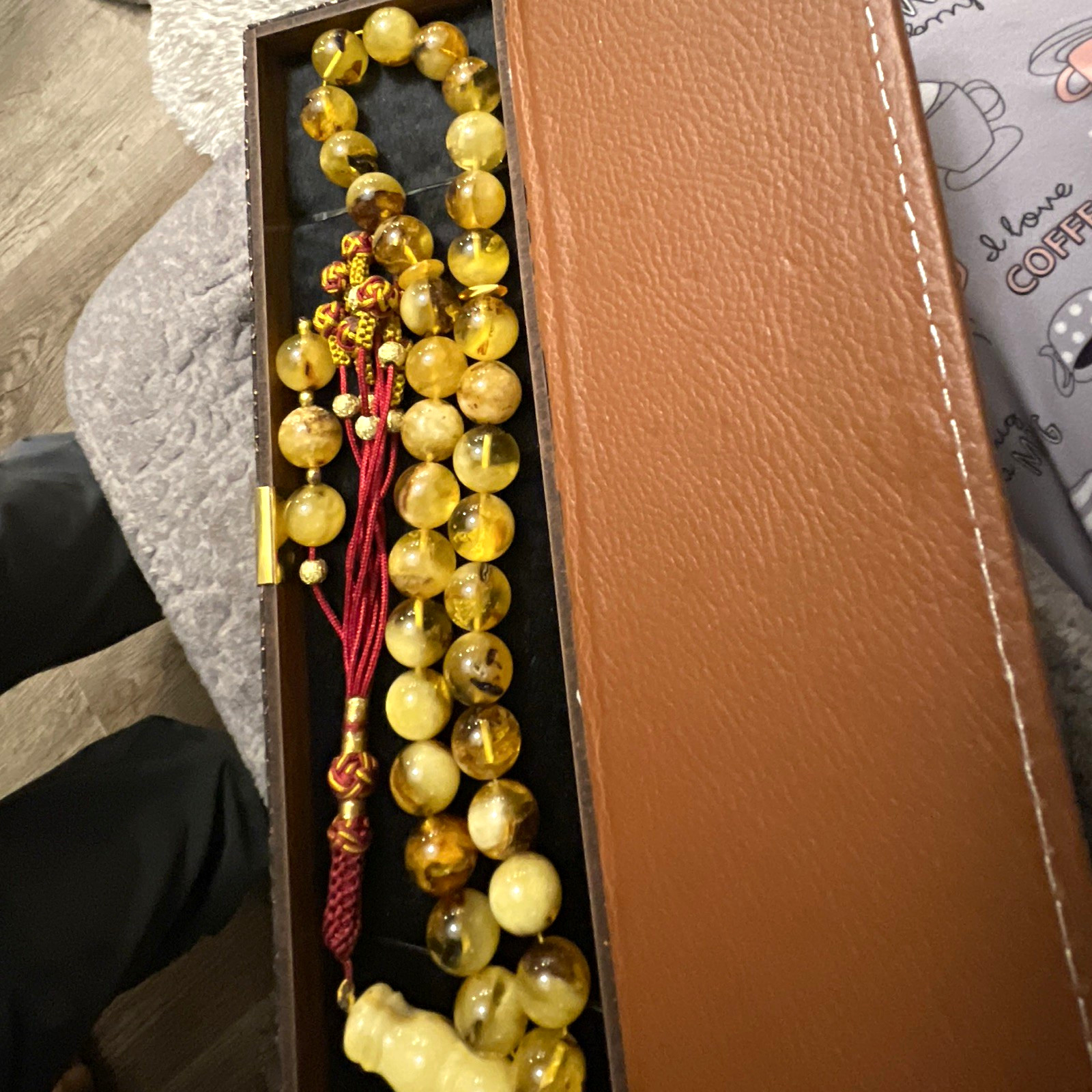 Islamic Prayer Beads Tasbih Strand, yellow umber 14 mm bead, 33 beads, wt 62 gm Islamic Prayer Beads Tasbih Strand, yellow umber 14 mm bead, 33 beads, wt 62 gm