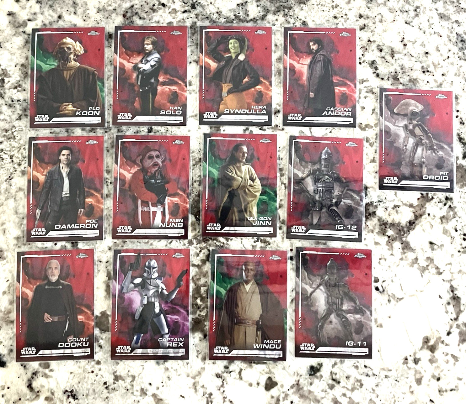 2024 Topps Chrome Star Wars Red Ray Wave 13 Card Lot Han Solo, Mace Windu, Hera 2024 Topps Chrome Star Wars Red Ray Wave 13 Card Lot Han Solo, Mace Windu, Hera