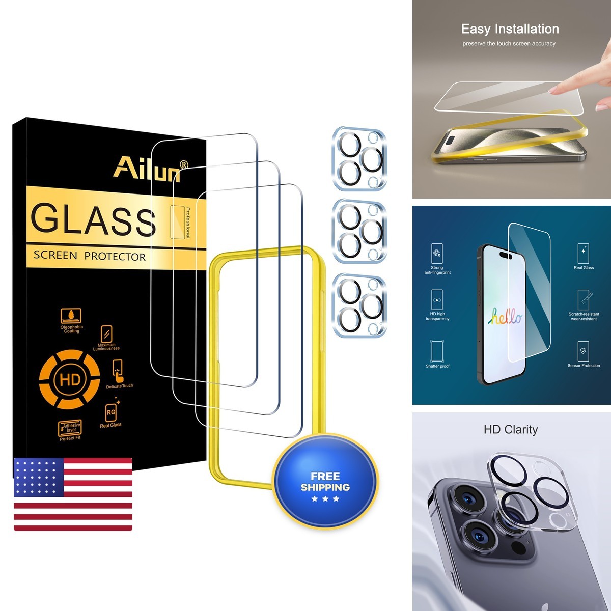 Ailun Screen Protector + Camera Lens Protector for iPhone 15 Pro, 3+3 Pack Ailun Screen Protector + Camera Lens Protector for iPhone 15 Pro, 3+3 Pack