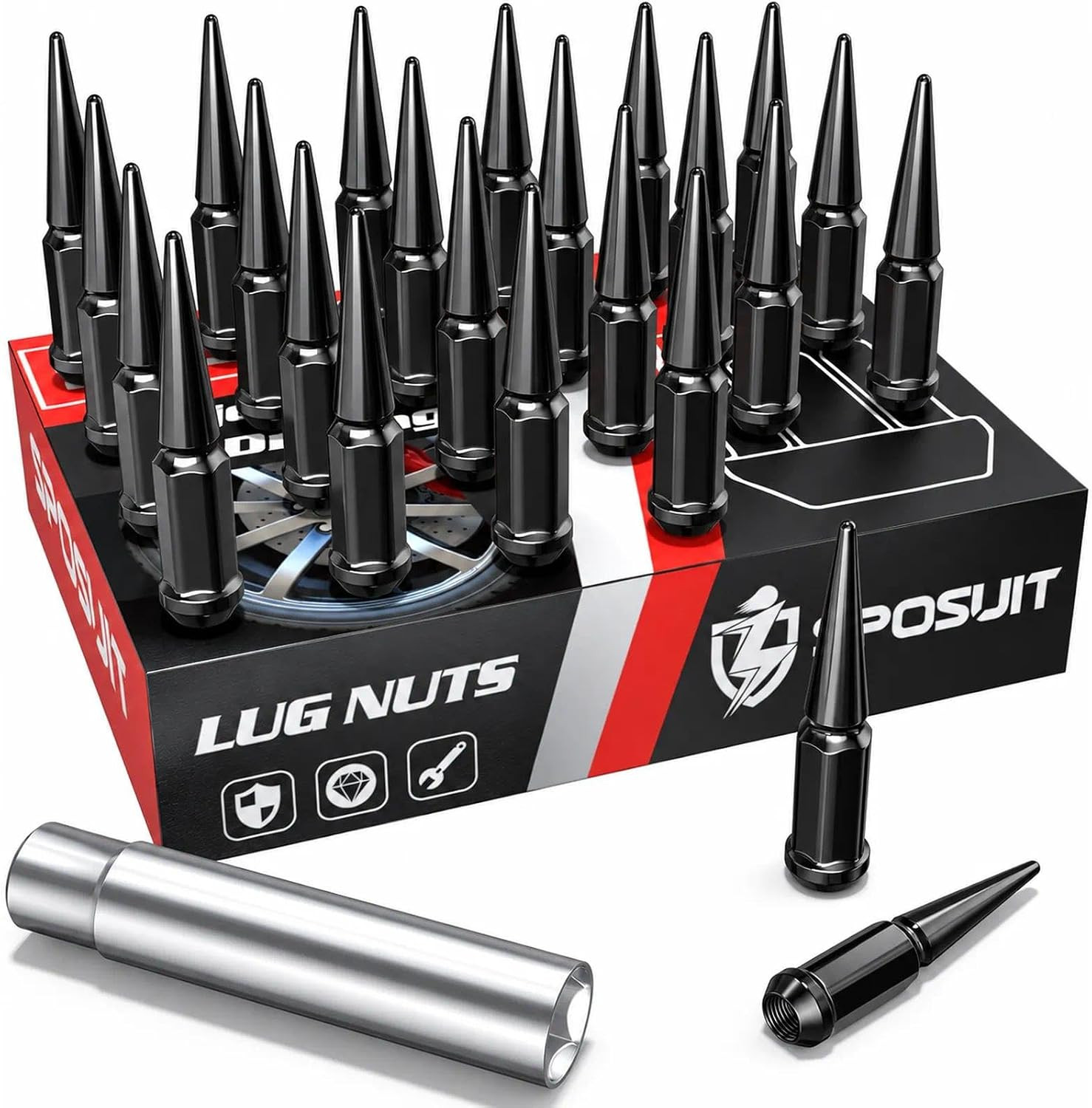 24 Pcs M14X1.5 7 Spline Spike Black Lug Nuts for Chevy, GMC, Ford 24 Pcs M14X1.5 7 Spline Spike Black Lug Nuts for Chevy, GMC, Ford