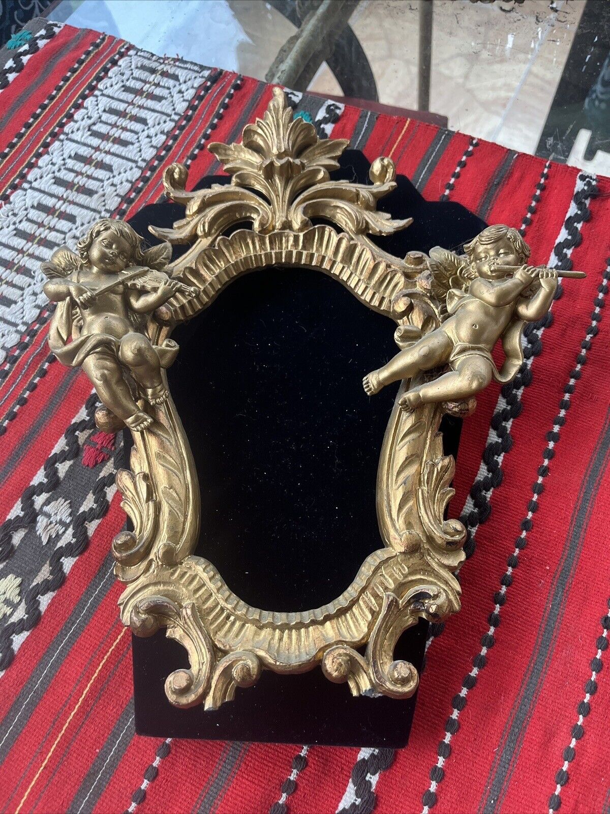 Rare Vintage Italian  WOOD  Gold Ornate Frame With Cherubs 13”x9” MCM Hand Carve