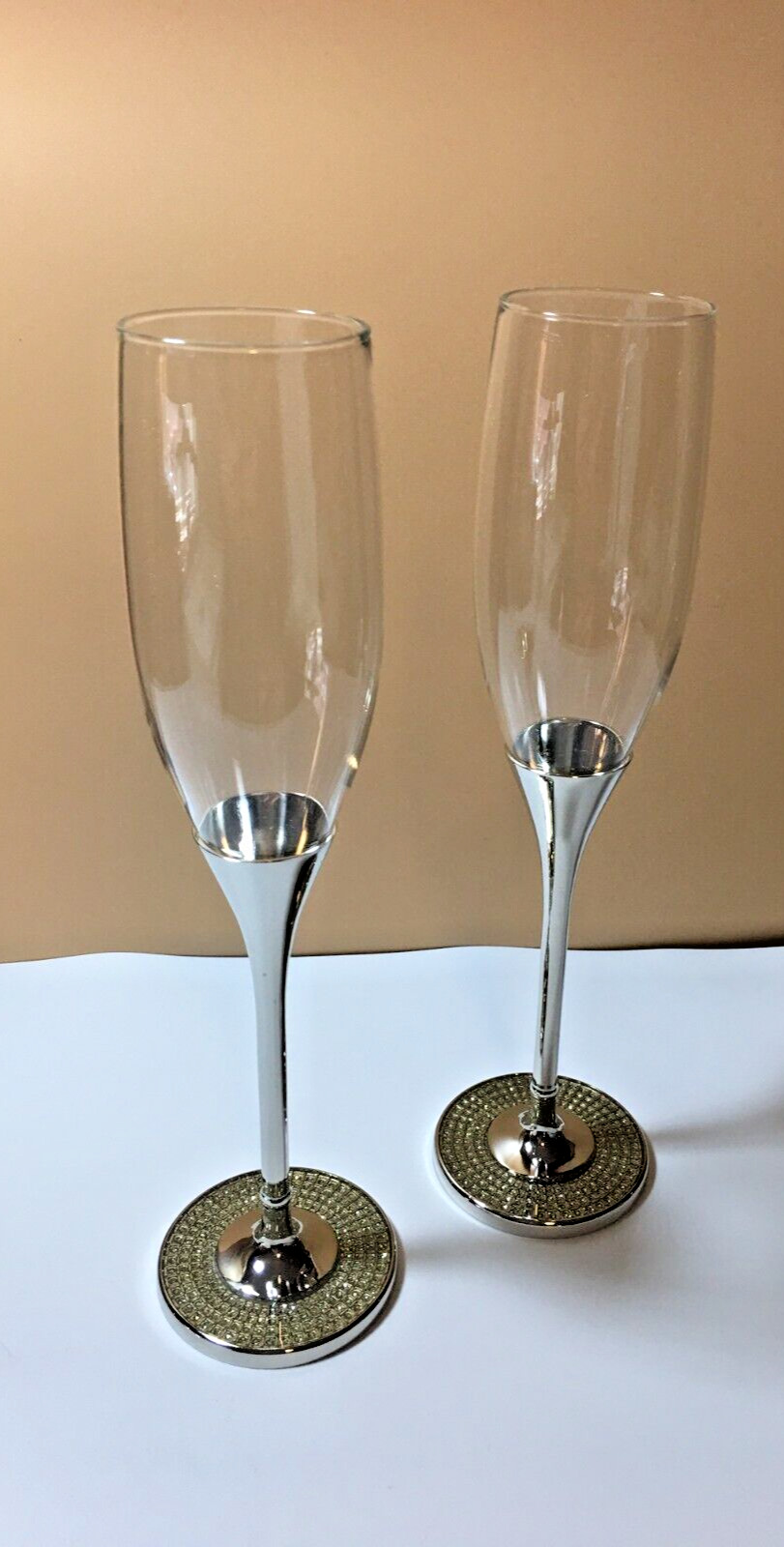 New Champagne Glasses - Silver Metal Stem Toasting Flutes  Pave Rhinestone Bases
