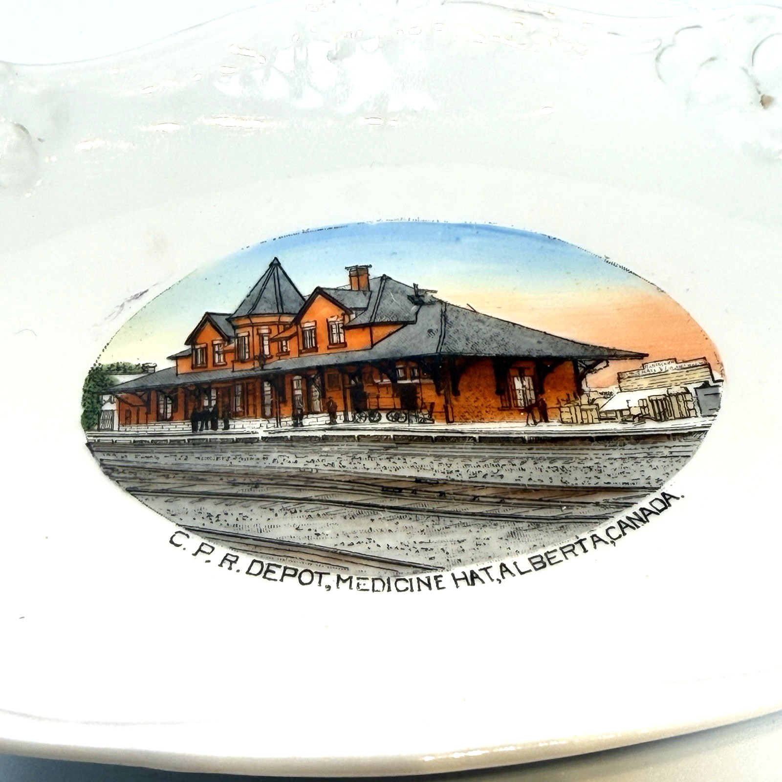 Antique C. P. R. DEPOT, MEDICINE HAT ALBERTA Canada Train Souvenir Plate Dish Antique C. P. R. DEPOT, MEDICINE HAT ALBERTA Canada Train Souvenir Plate Dish