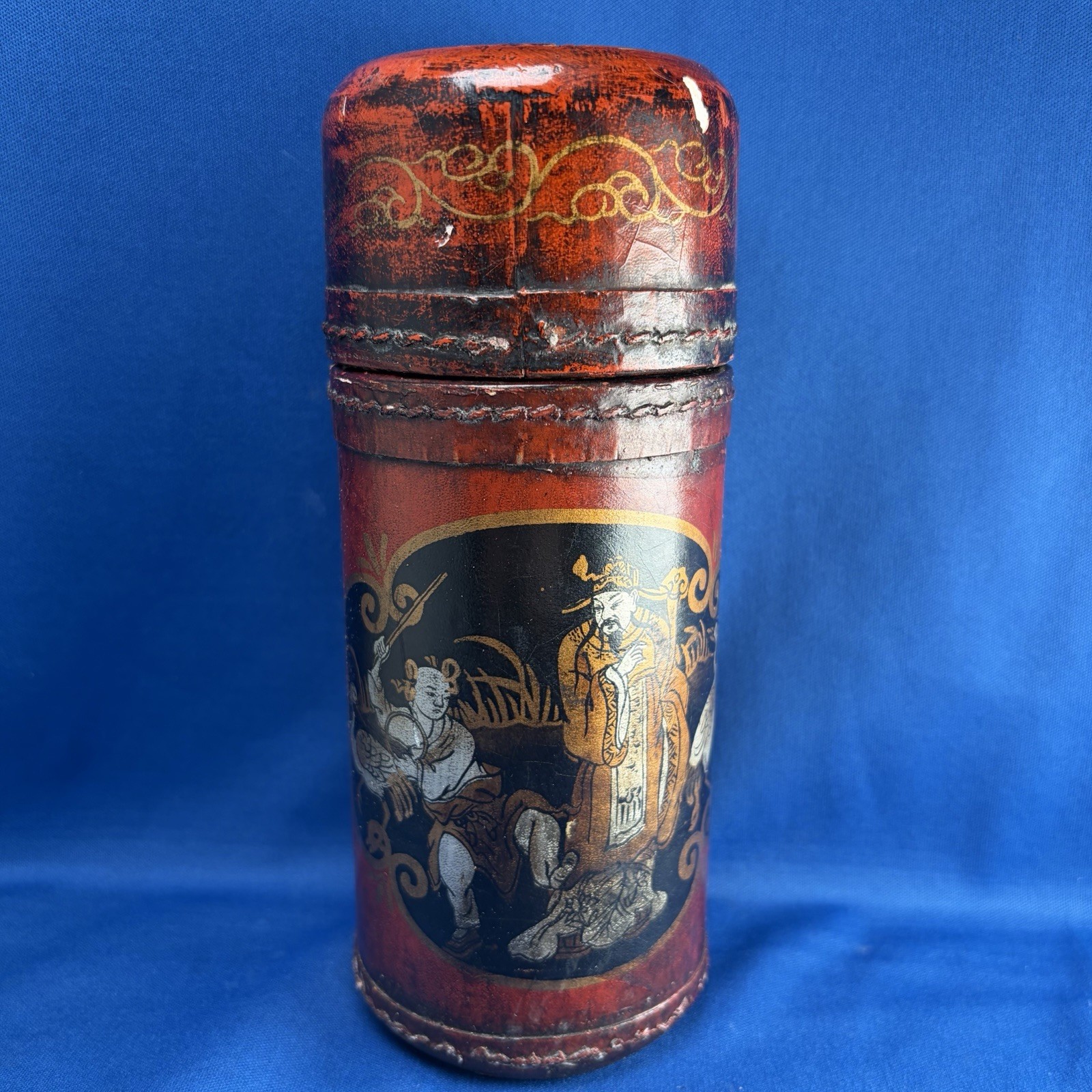 Vintage Chinese Fortune Telling Sticks Burgundy Leather Cylinder