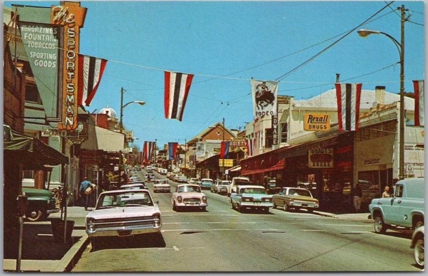 c1960s SONORA, California Postcard Main Street / Downtown Scene / RODEO Banners c1960s SONORA, California Postcard Main Street / Downtown Scene / RODEO Banners