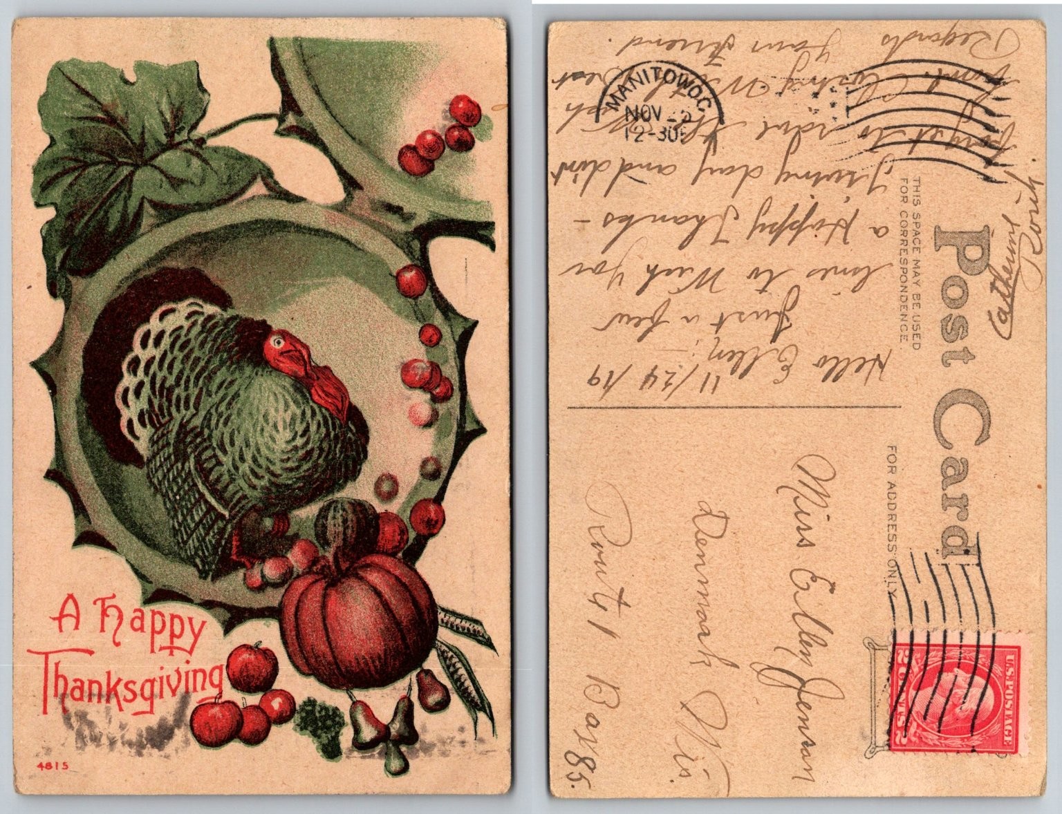 Vintage Thanksgiving Turkey Pumpkin Postcard Manitowoc WI 1919 Posted
