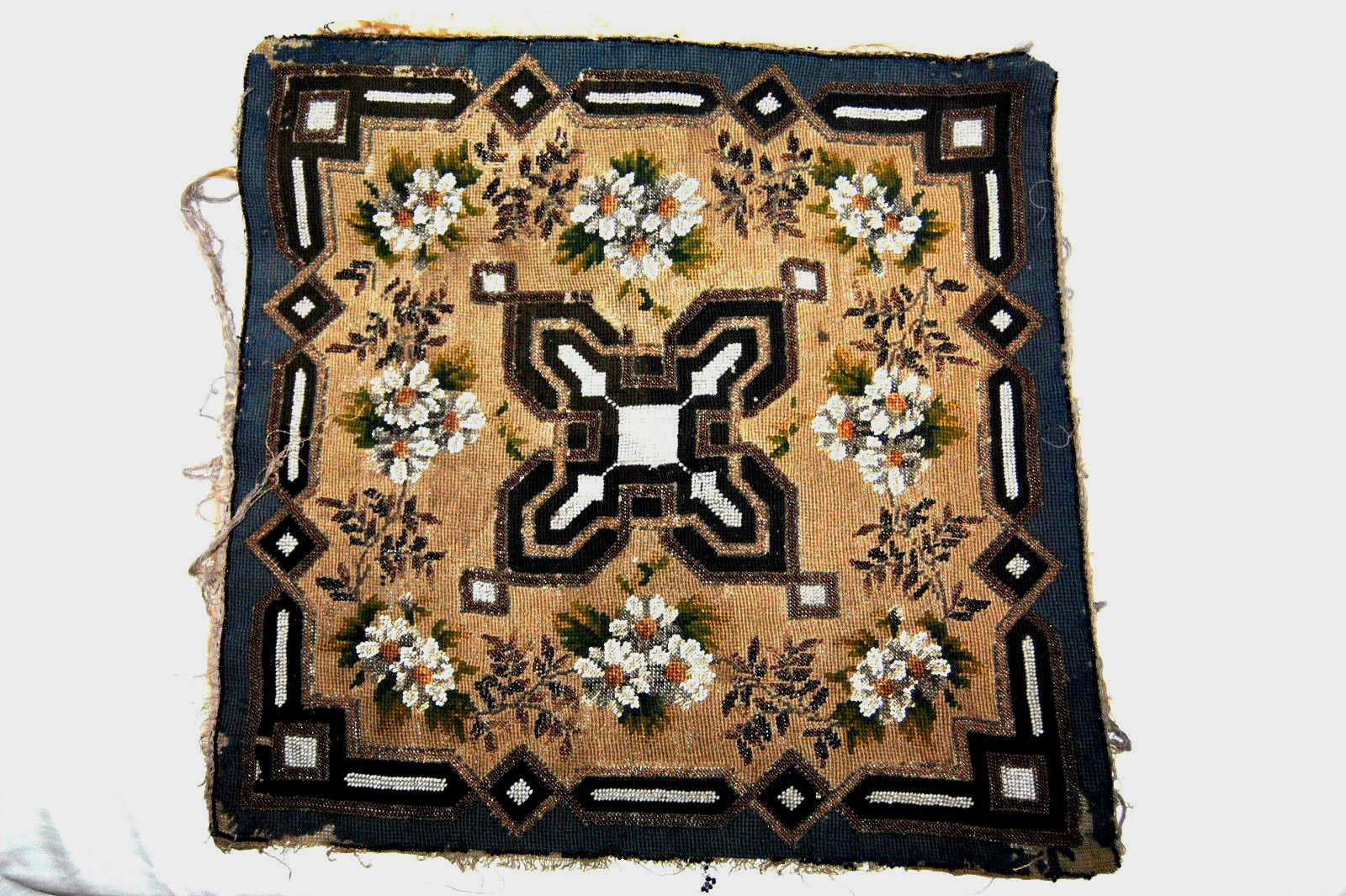 RARE ANTIQUE Victorian Beaded Needlepoint Pillowcase Top Floral 18" x 17.5"