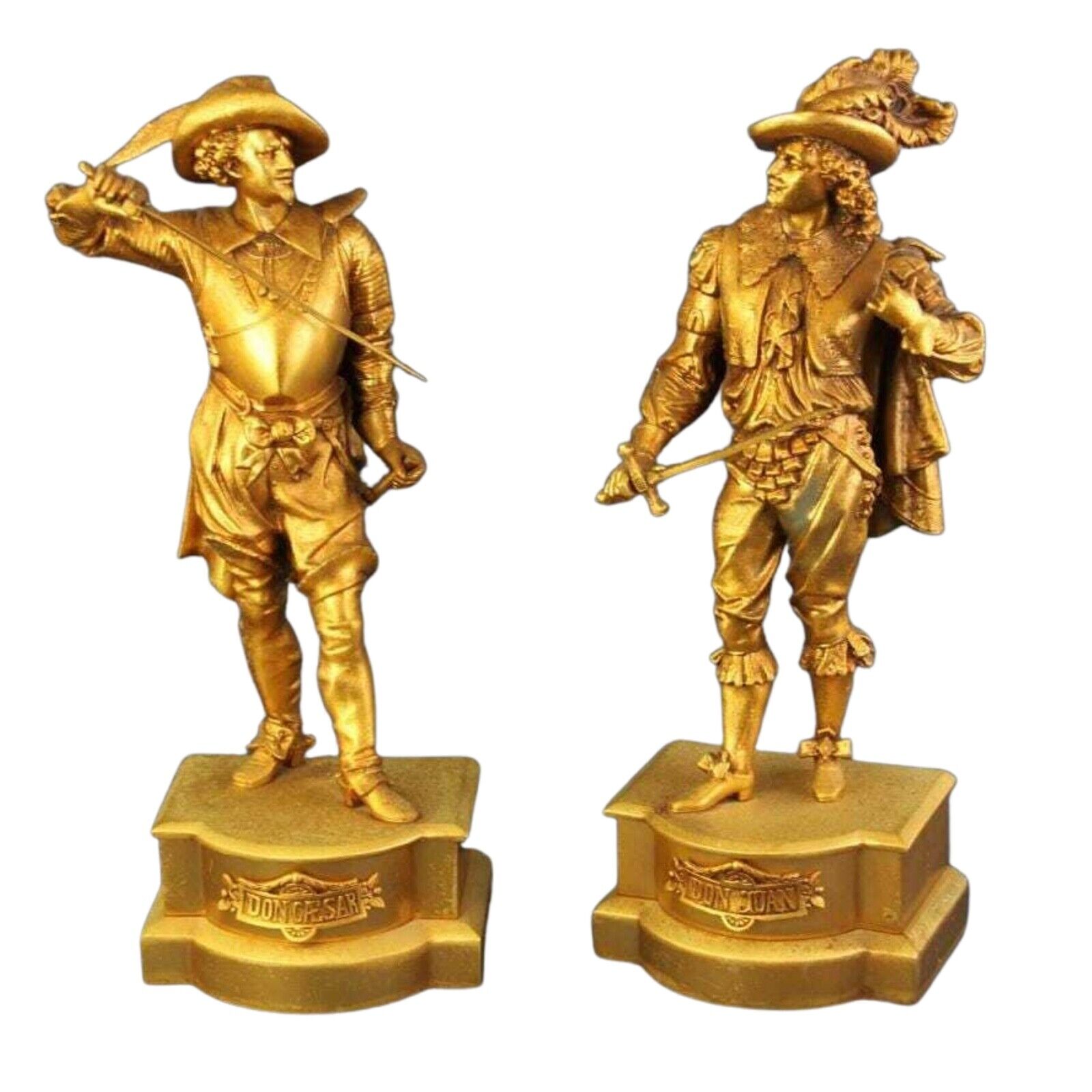 Statues, Pair of Gold Painted Metal, Vintage, Don Juan, Don Cesar, 21 x 8, 1900s