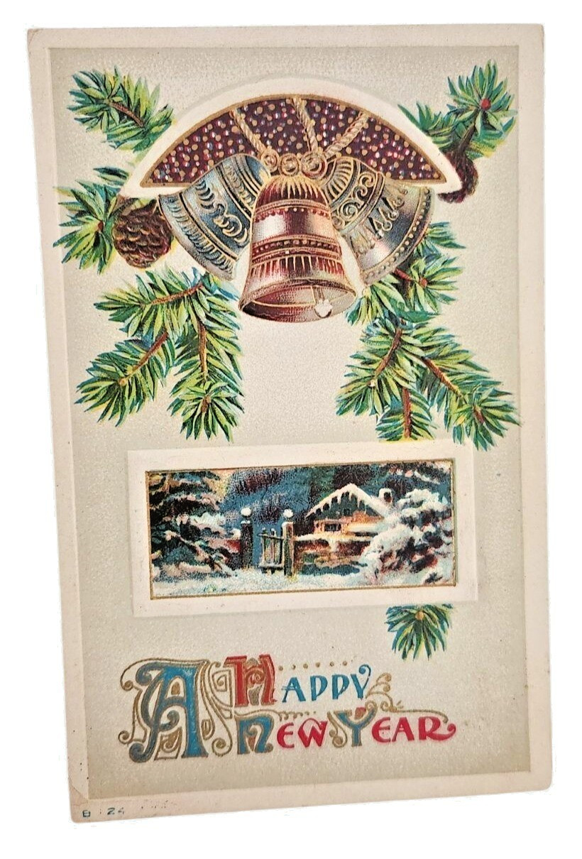 Antique 1913 Happy New Year Postcard Embossed Bells Snow House Pinecones Antique 1913 Happy New Year Postcard Embossed Bells Snow House Pinecones