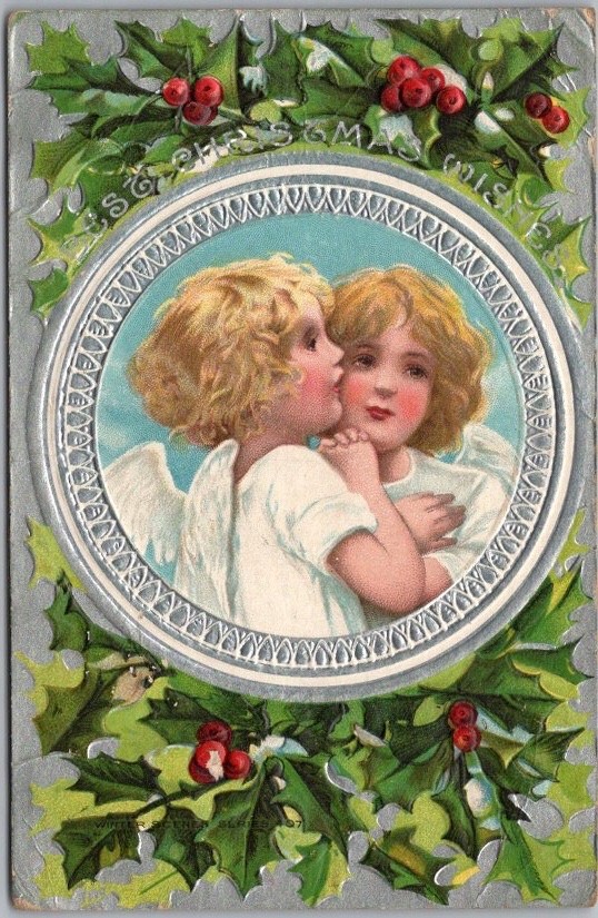1912 CHRISTMAS Embossed Postcard Two Angel Girls, or one & a Mirror / AMP 1912 CHRISTMAS Embossed Postcard Two Angel Girls, or one & a Mirror / AMP