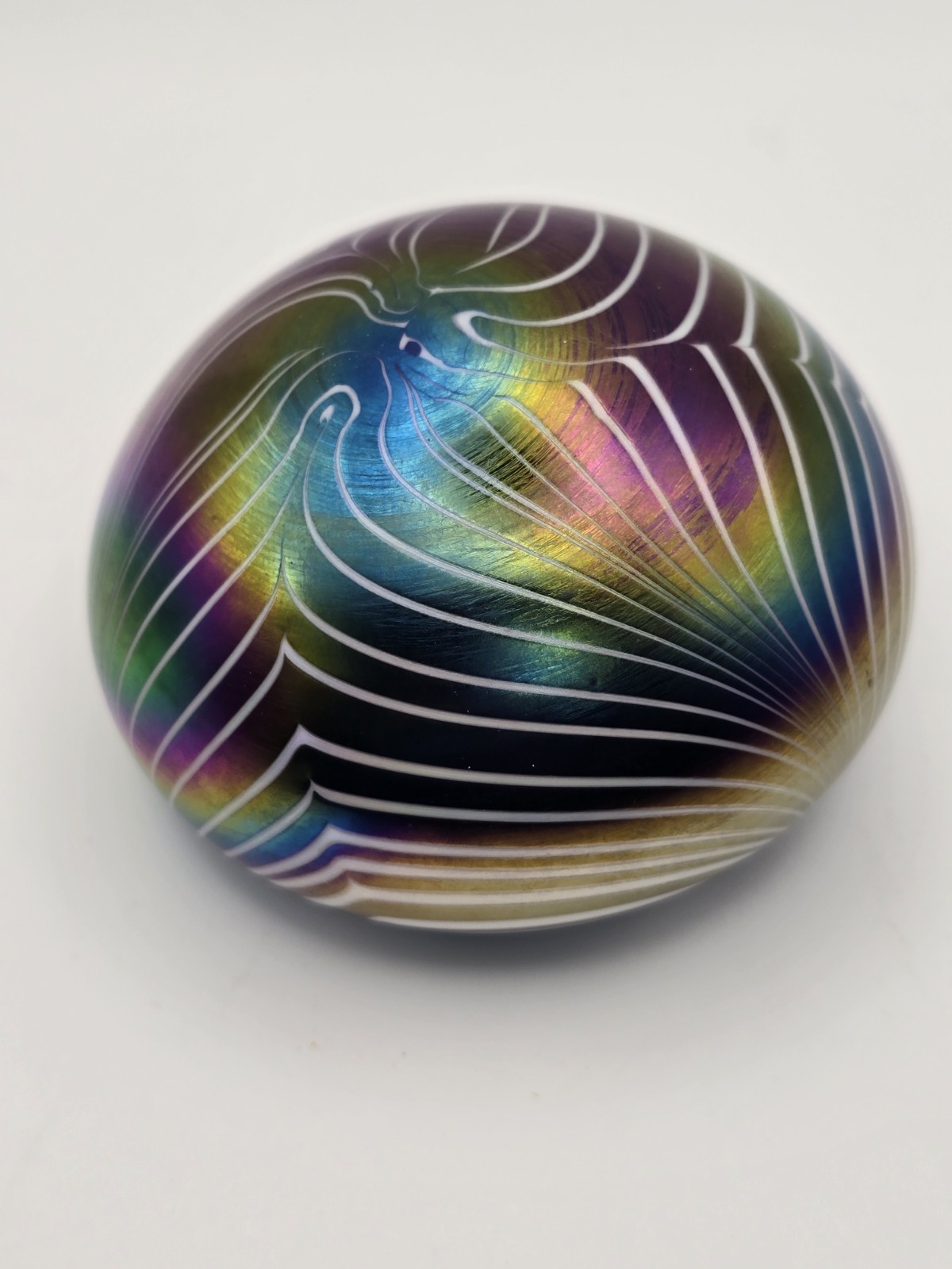 Vintage Iridescent Purple Art Glass 3" Paperweight Feather White Rainbow EUC Vintage Iridescent Purple Art Glass 3" Paperweight Feather White Rainbow EUC
