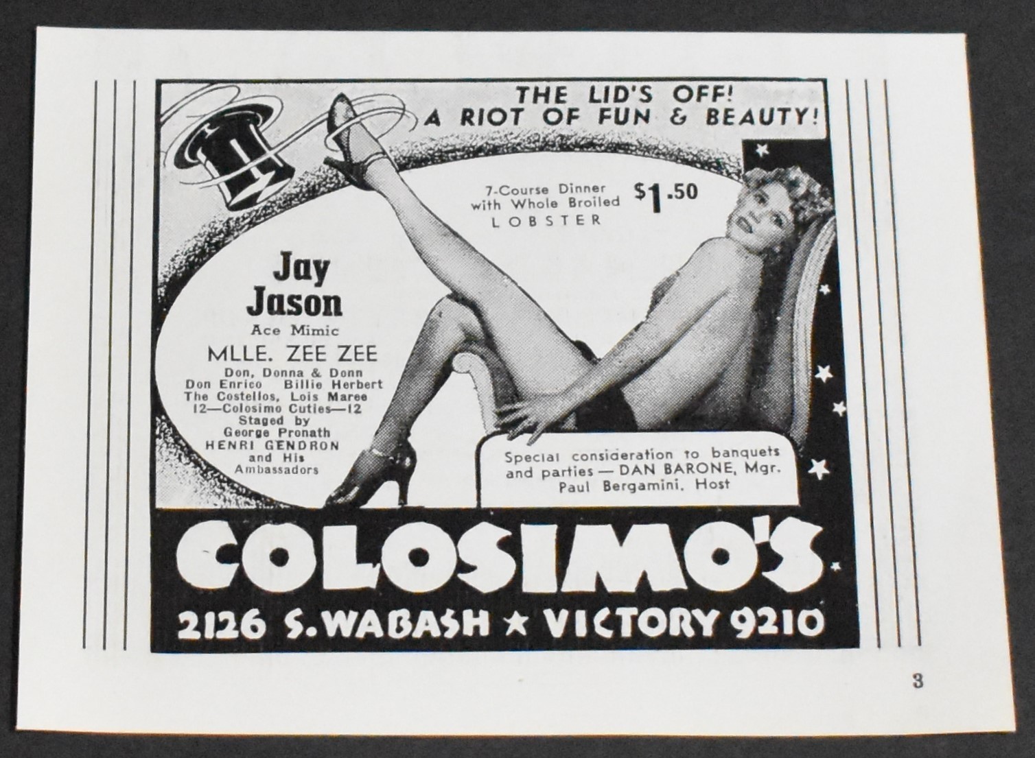 1937 Print Ad Chicago Illinois Colosimo's Dan Barone Capone Hangout Restaurant