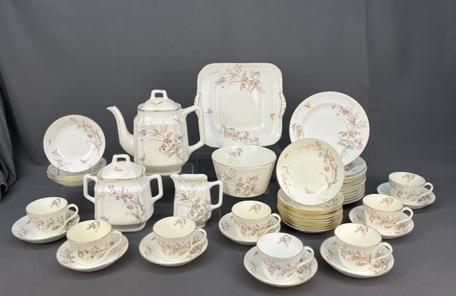 47 Pc 19th Century Hand-Painted Floral and Butterfly Dessert Set (259) 47 Pc 19th Century Hand-Painted Floral and Butterfly Dessert Set (259)