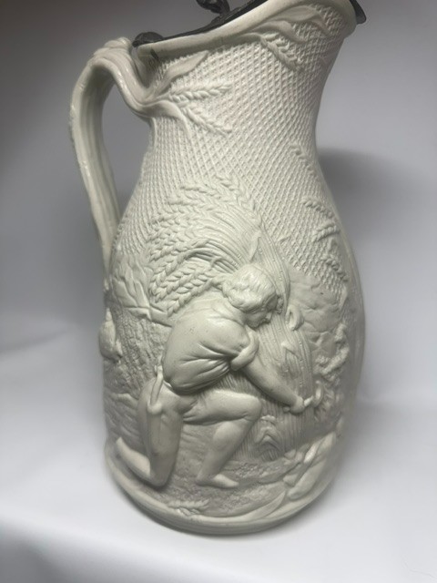 1860's Antique Staffordshire Gleaner Pattern Relief Molded Jug with pewter lid 1860's Antique Staffordshire Gleaner Pattern Relief Molded Jug with pewter lid