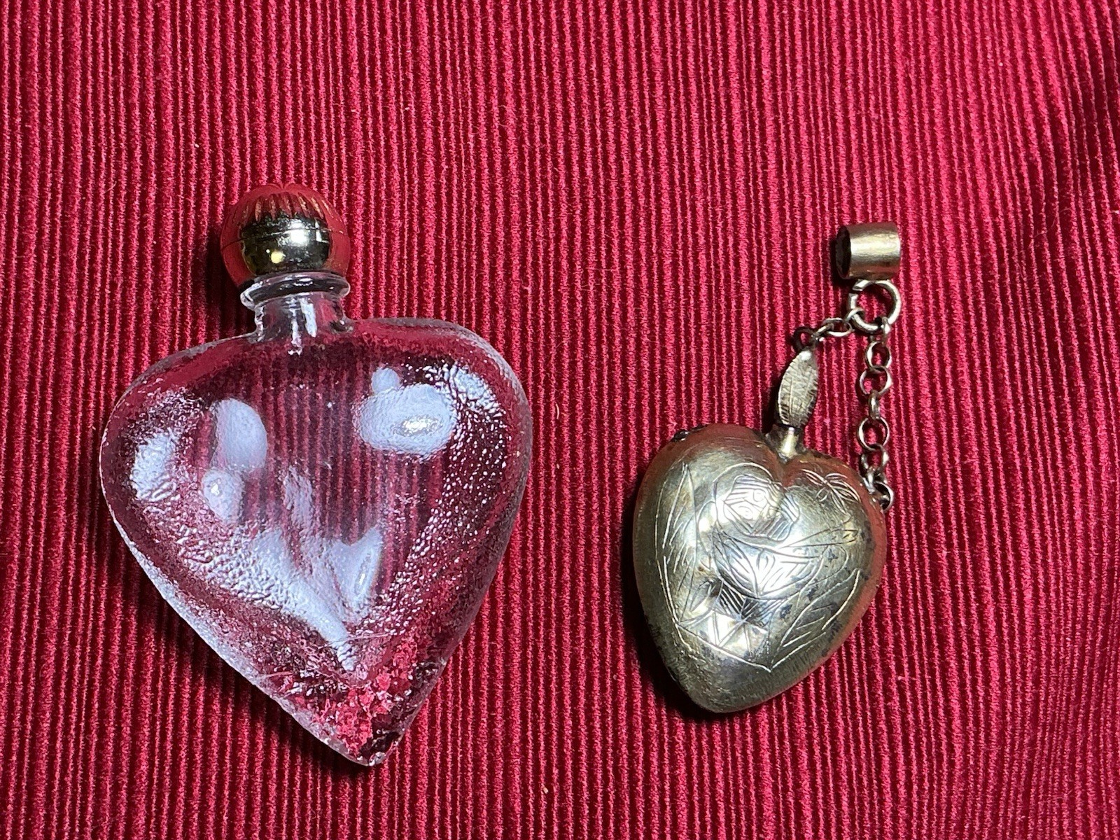 Antique Vintage Lot Of 2 Small Heart-Shaped Perfume/Scent Containers