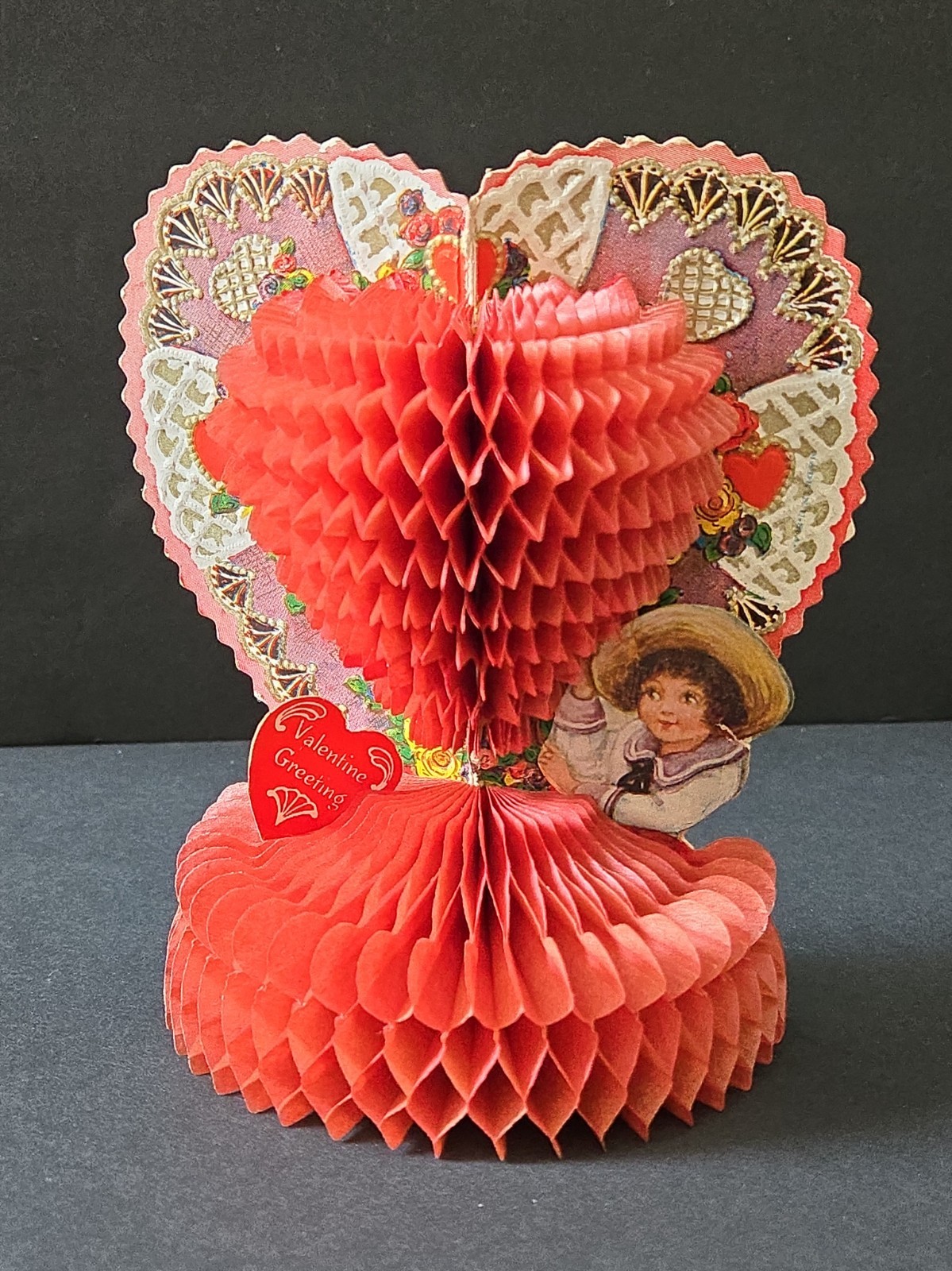 Vtg 1920s Beistle Honeycomb Valentine Card 3D Stand Up Die Cut Maker Marked 5.5" Vtg 1920s Beistle Honeycomb Valentine Card 3D Stand Up Die Cut Maker Marked 5.5"