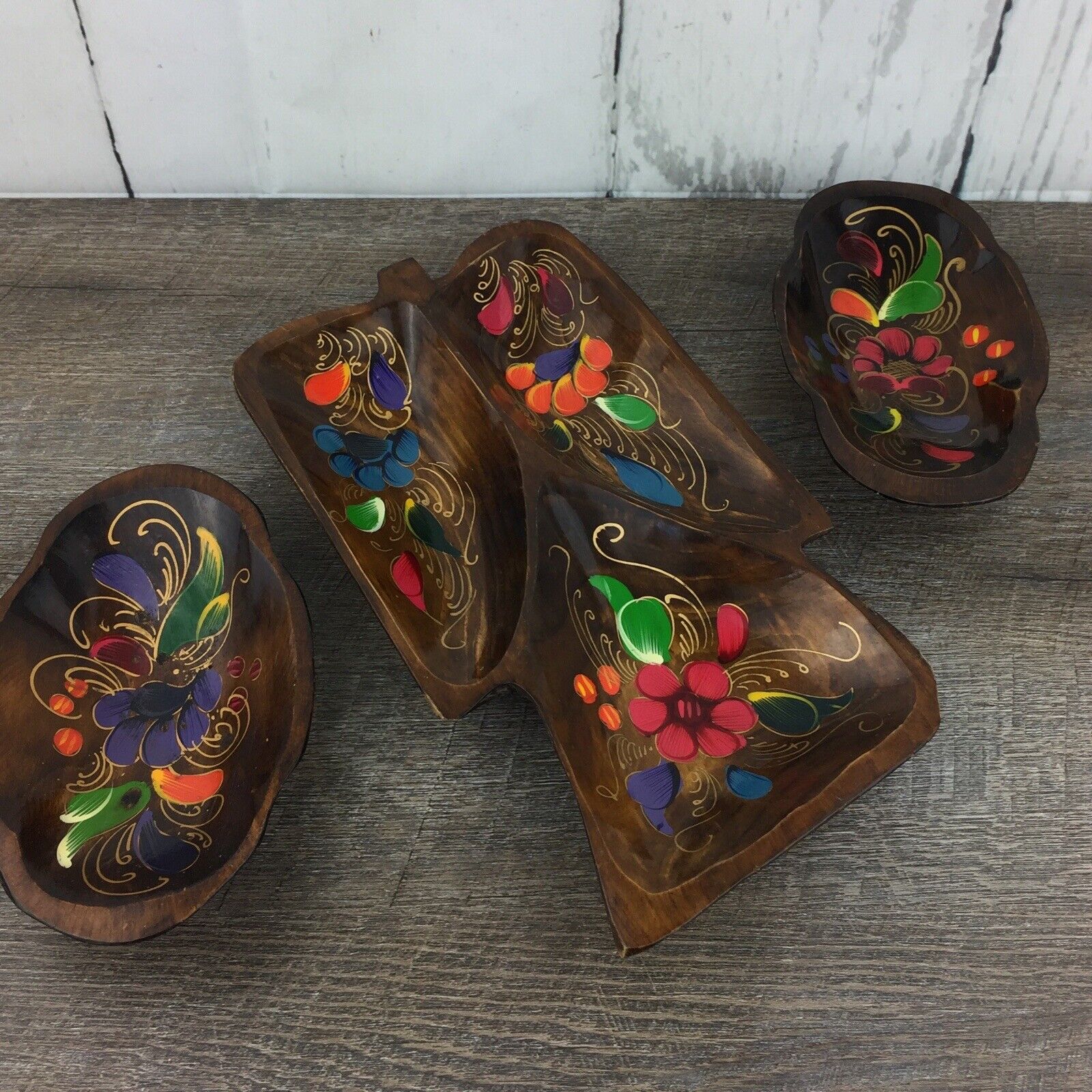 Set of 3 Vintage Hand Painted Wooden Serving Dishes Floral 