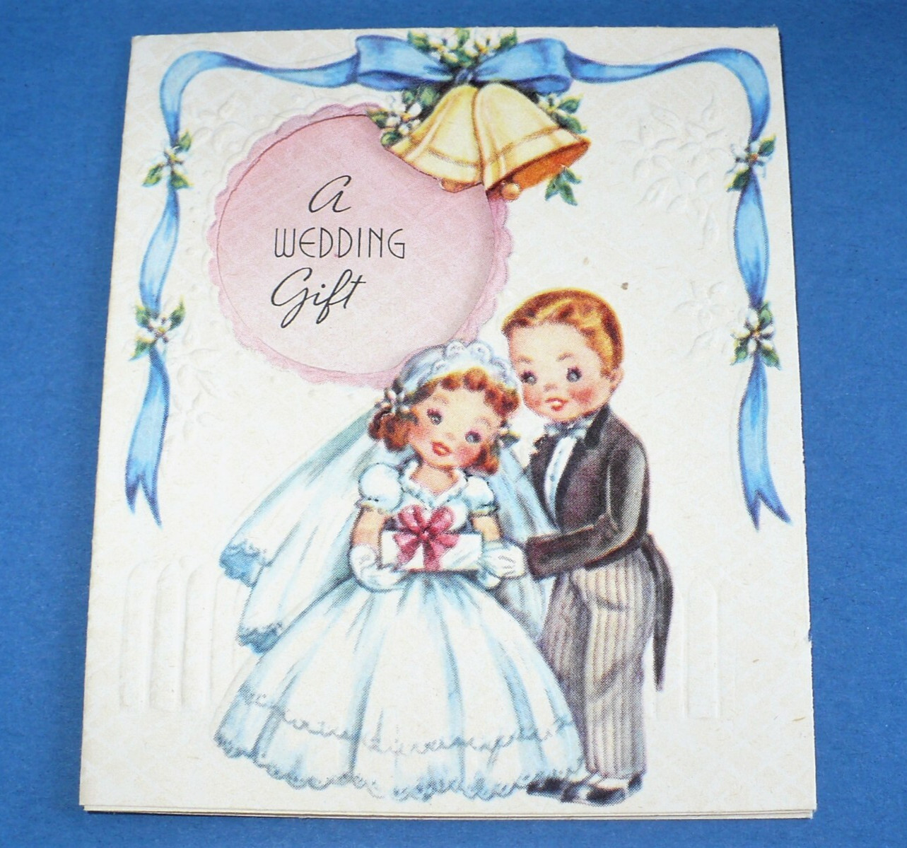 VTG 1950'S "A WEDDING GIFT" DIE CUT MINI EMBOSSED CARD UNUSED W/ENV VTG 1950'S "A WEDDING GIFT" DIE CUT MINI EMBOSSED CARD UNUSED W/ENV