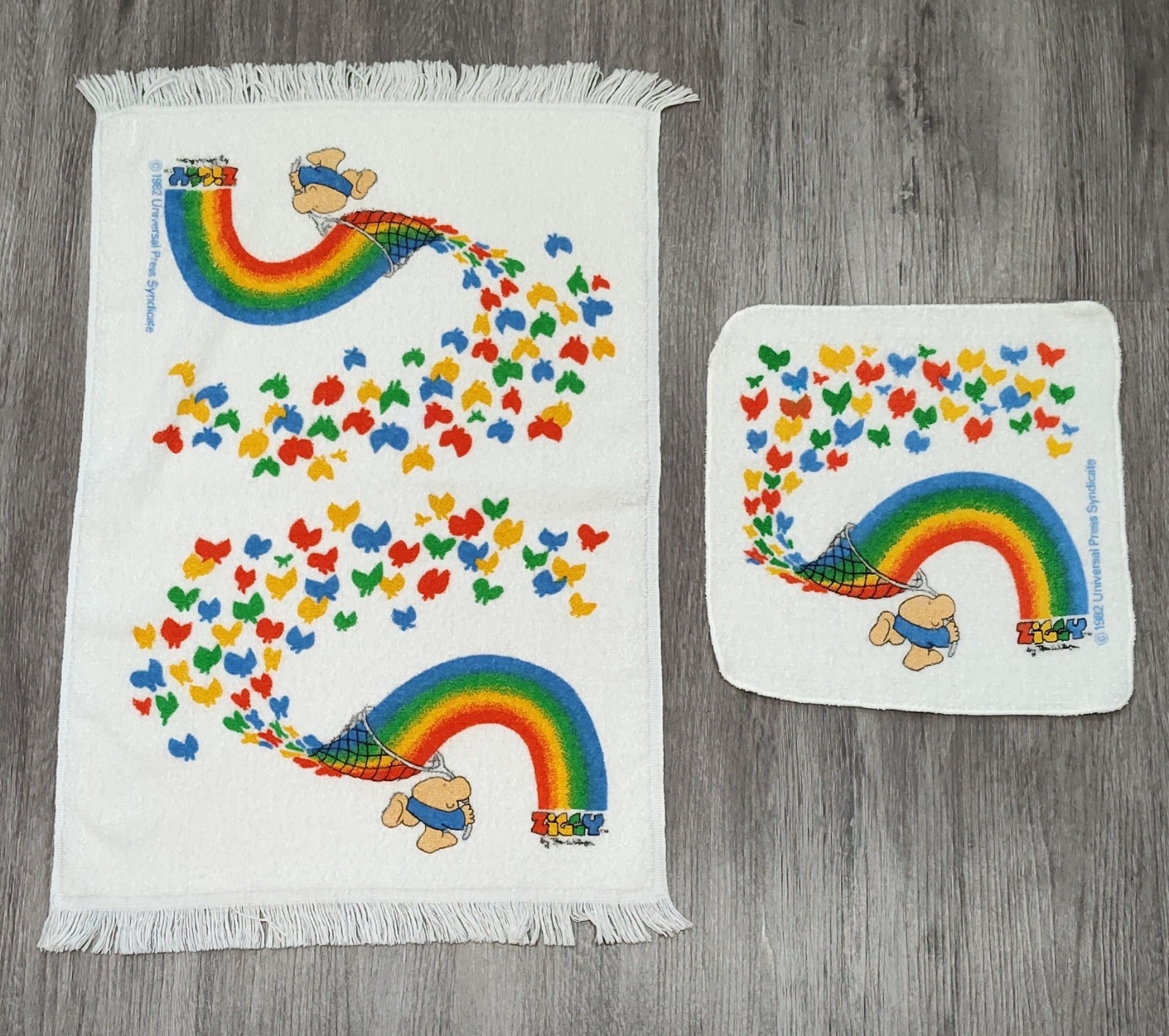 Vintage 1982 Ziggy Rainbow Butterfly Towel Washcloth Set Fringed TV  Cartoons 