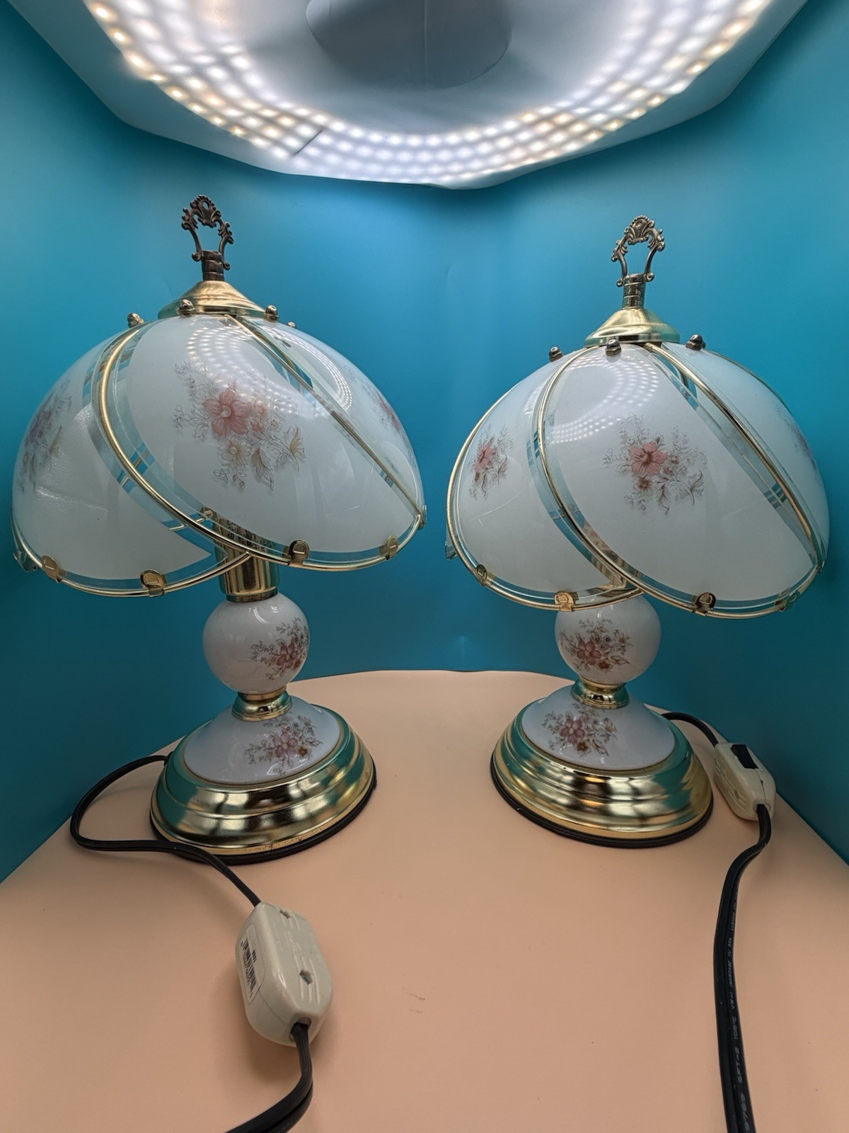 Vintage 1998 Floral Porcelain Glass Panel Table Lamps Pair Brass Tone 13 1/2" Vintage 1998 Floral Porcelain Glass Panel Table Lamps Pair Brass Tone 13 1/2"