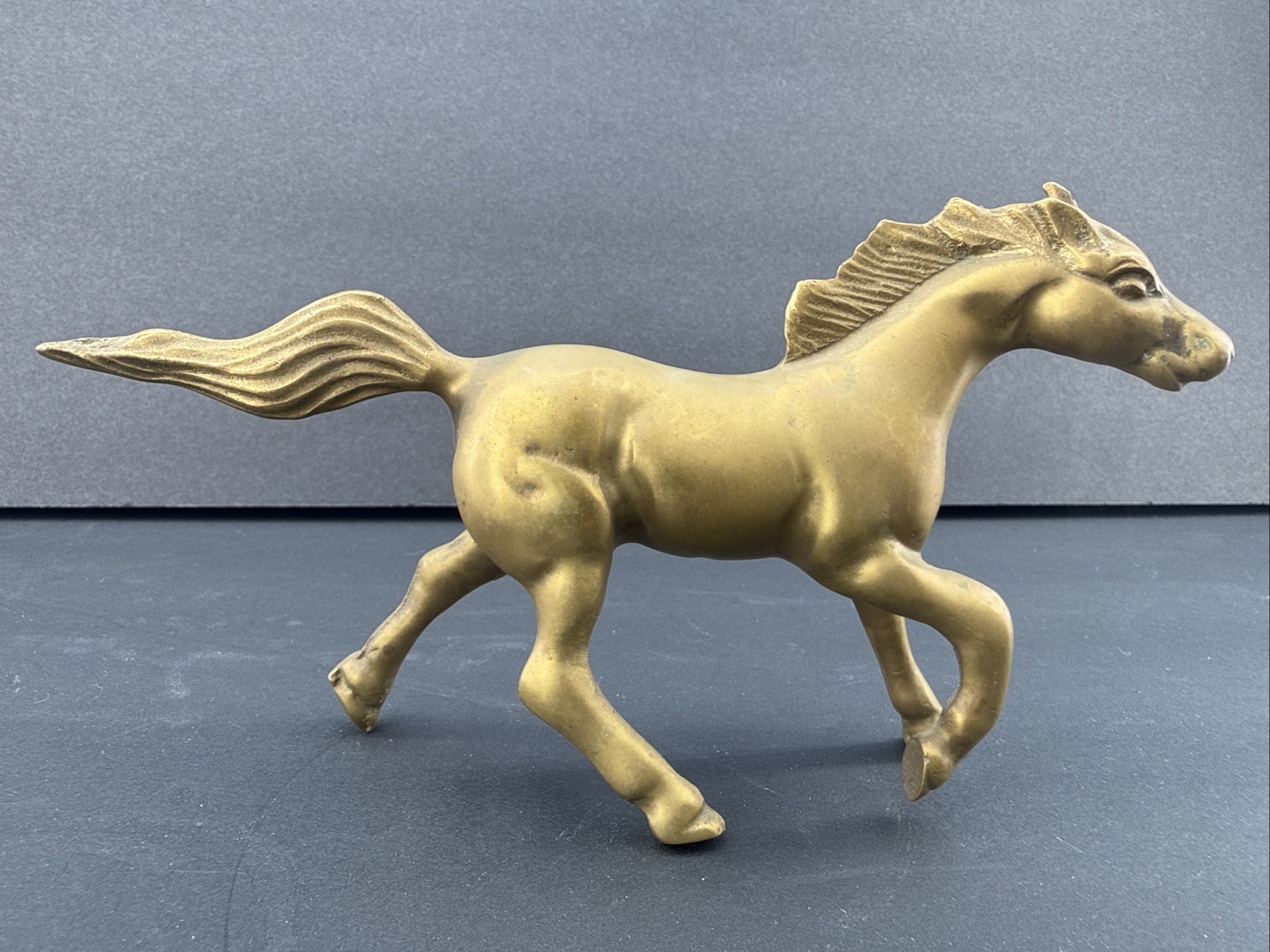 Vintage Solid Brass Galloping Horse Figurine Running Stallion Equestrian MCM