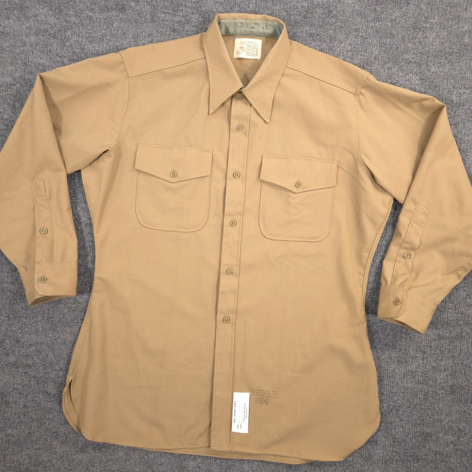 VTG Great Northern USMC Uniform Shirt Mens 16.5 Light Brown Dacron Wool Blend