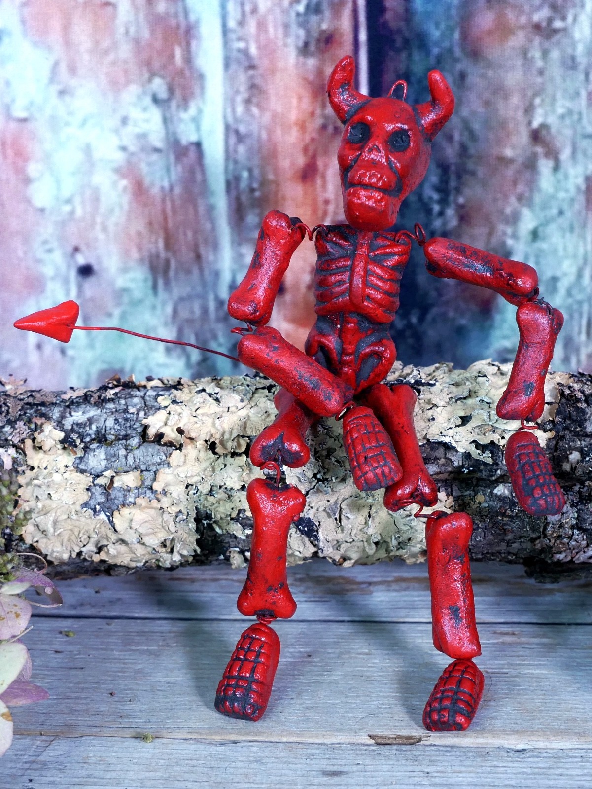 Red Devil Skeleton Clay Adjustable Handmade Pineda Mexican Folk Art Small Size Red Devil Skeleton Clay Adjustable Handmade Pineda Mexican Folk Art Small Size
