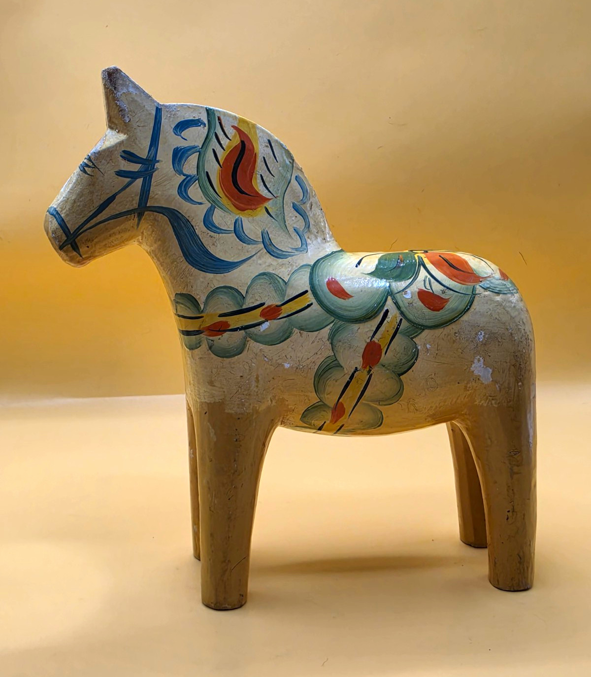 Vintage Nils Olsson Swedish Dala Horse Cream White Hand Carved Painted Wood